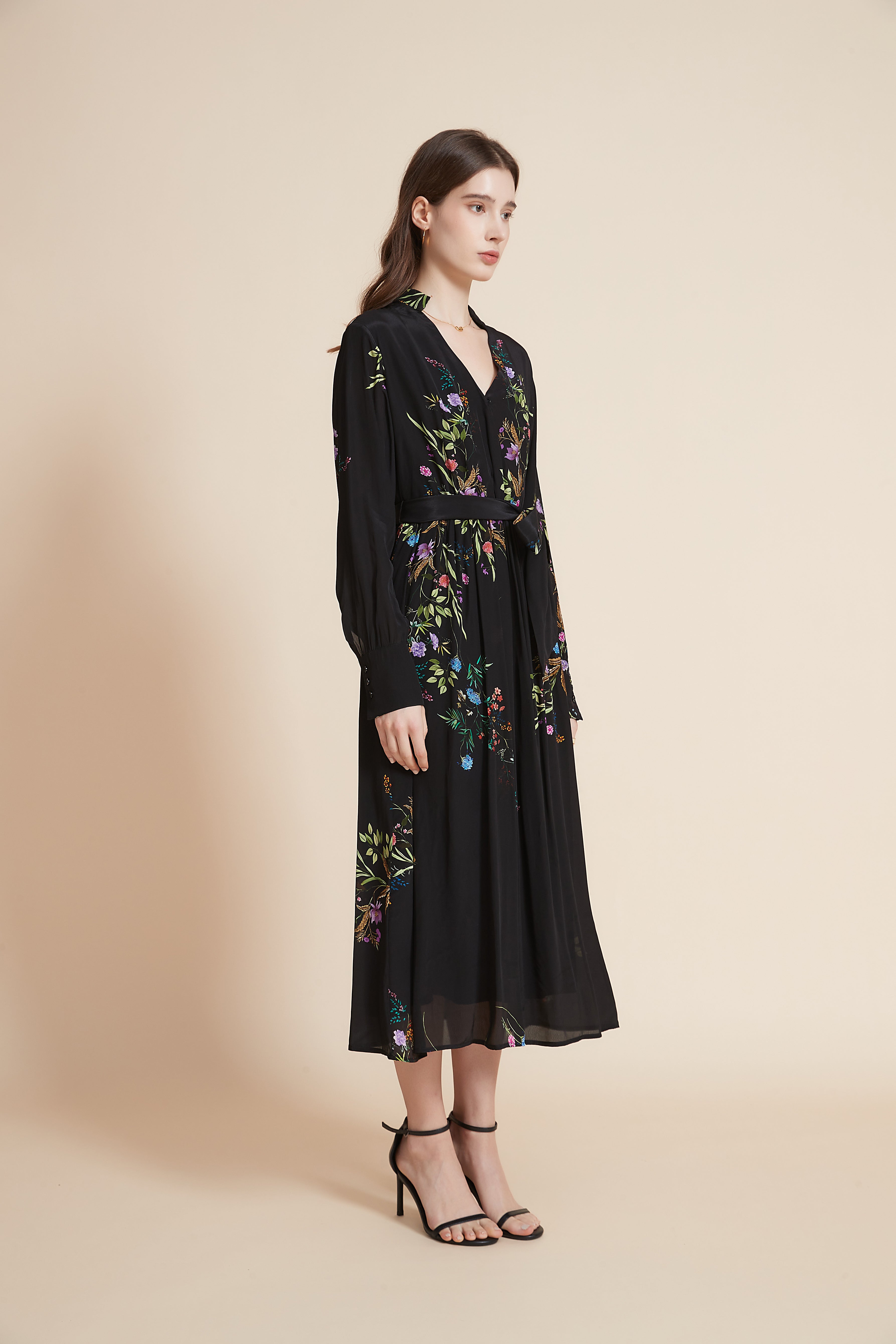 Midi Dress With Long Sleeves And High Waist Belt