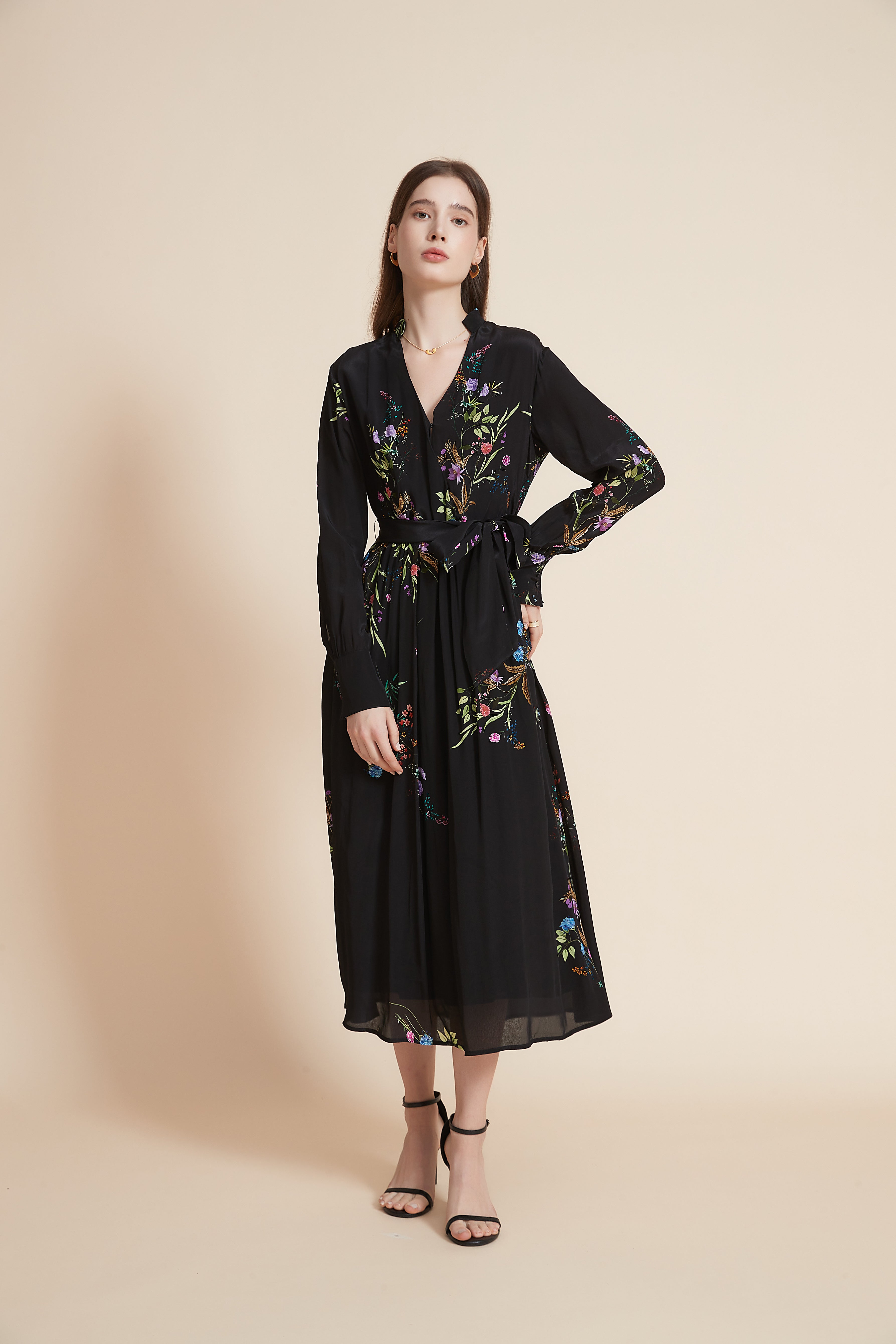 Midi Dress With Long Sleeves And High Waist Belt