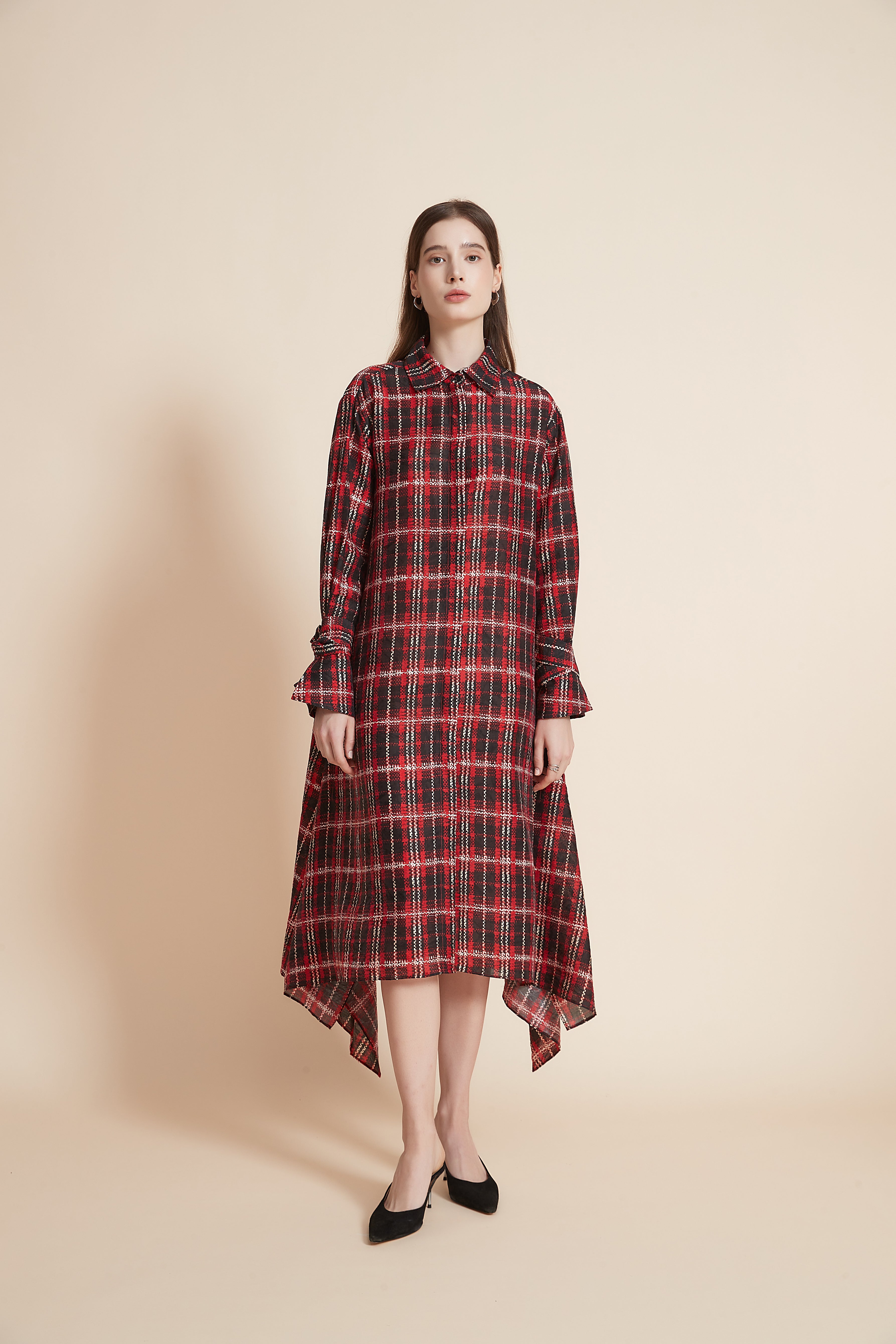 Long Sleeve Checkered Shirt Dress