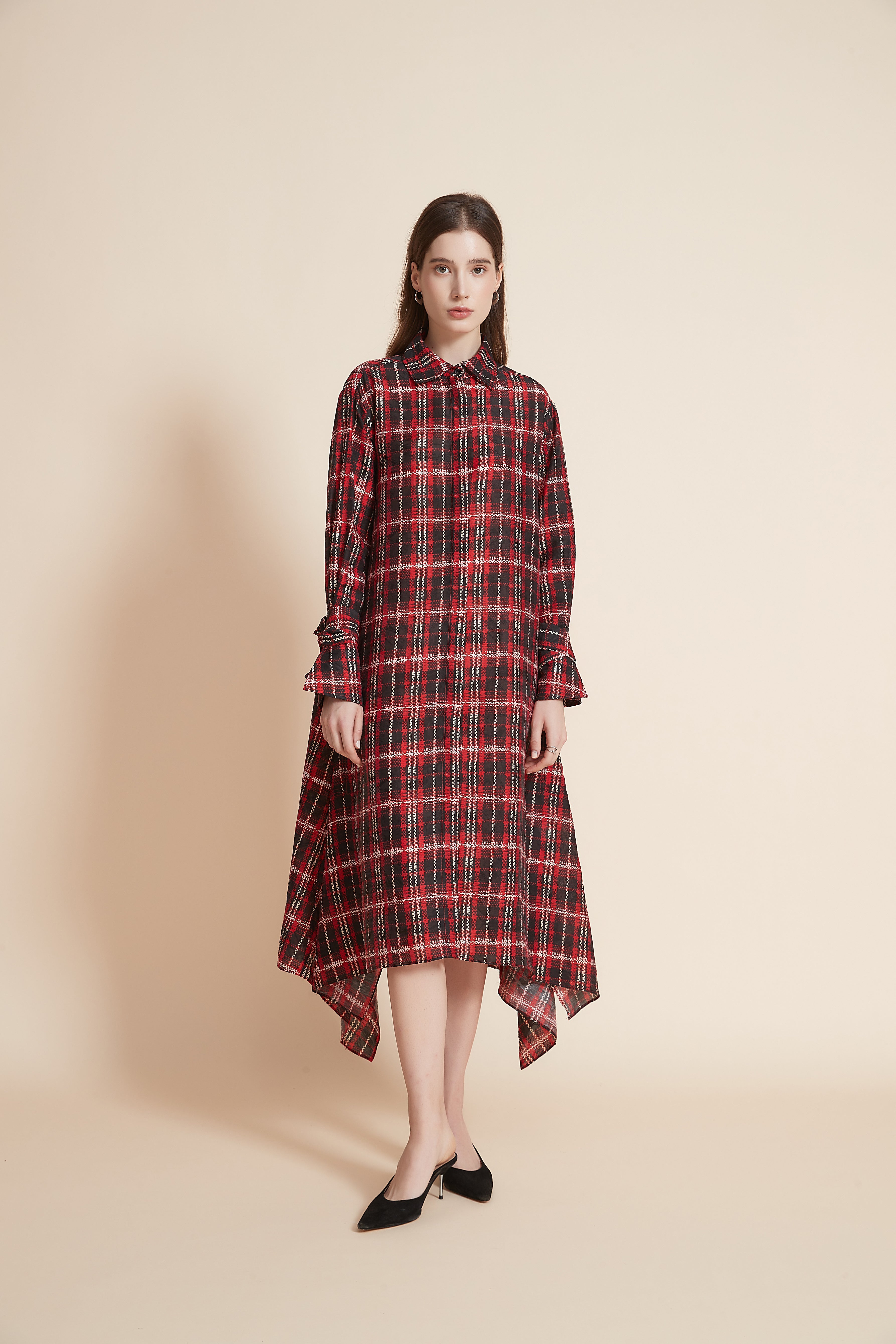 Long Sleeve Checkered Shirt Dress