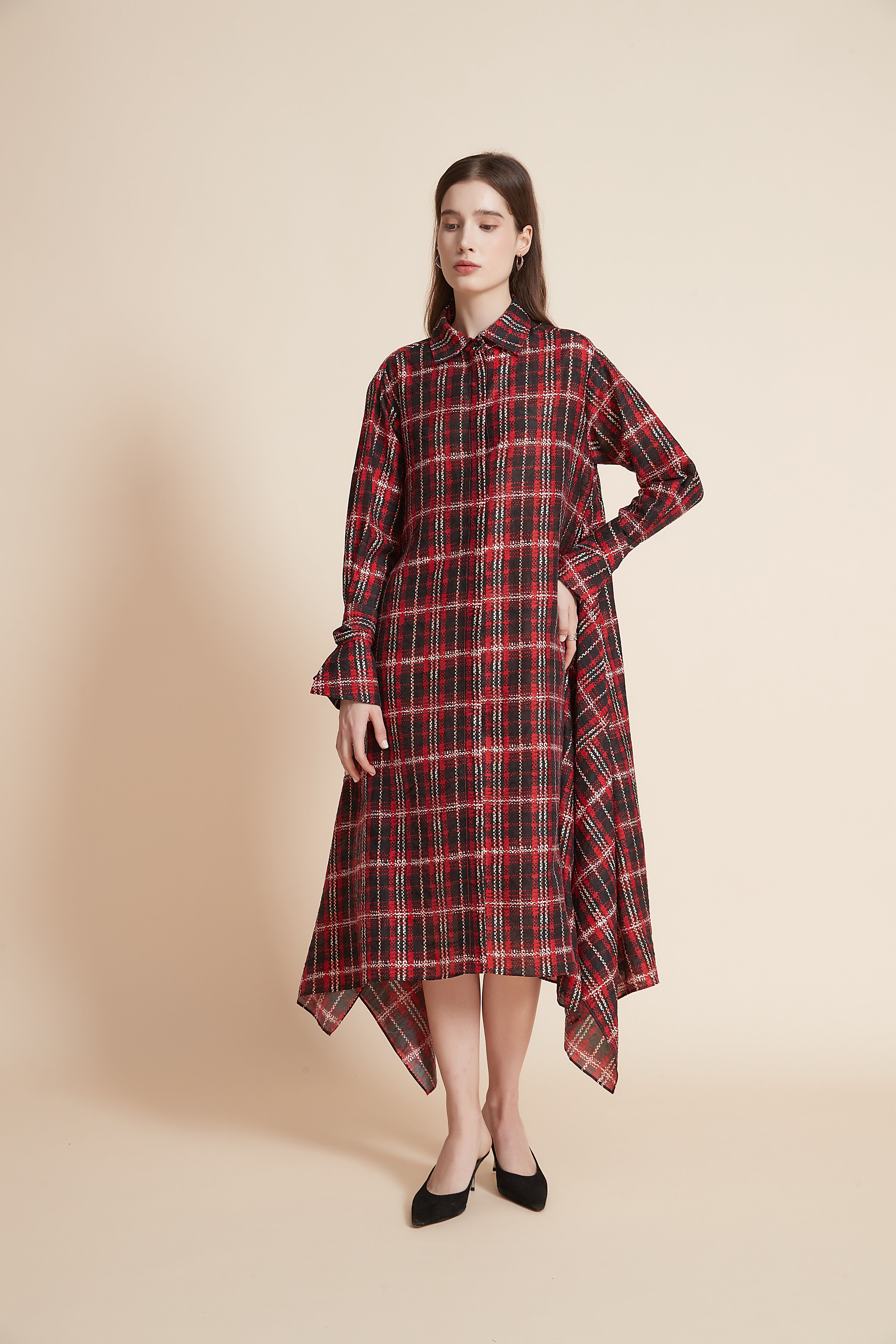Long Sleeve Checkered Shirt Dress