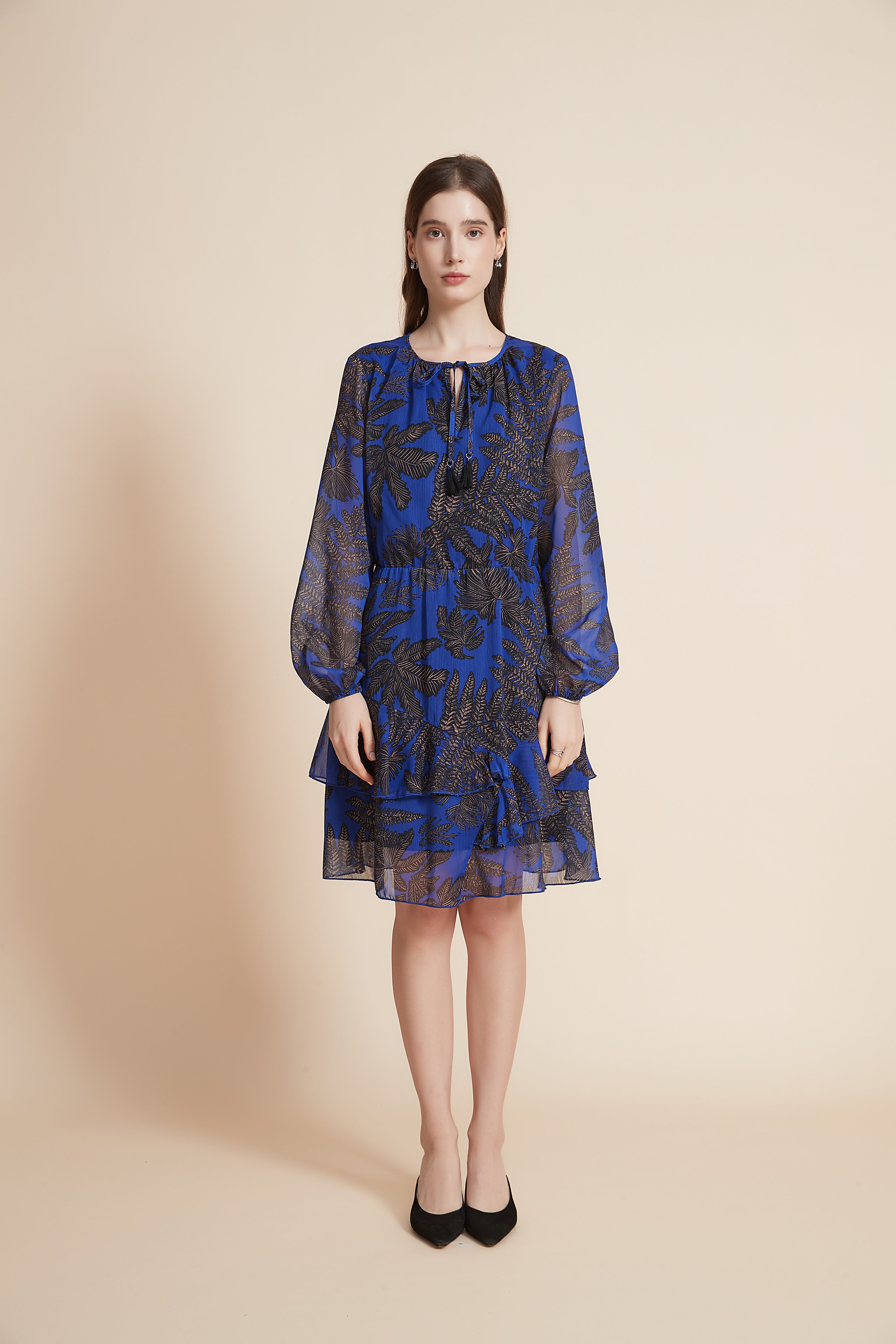 Yola Long Sleeve Short Dress with Ruffled Floral