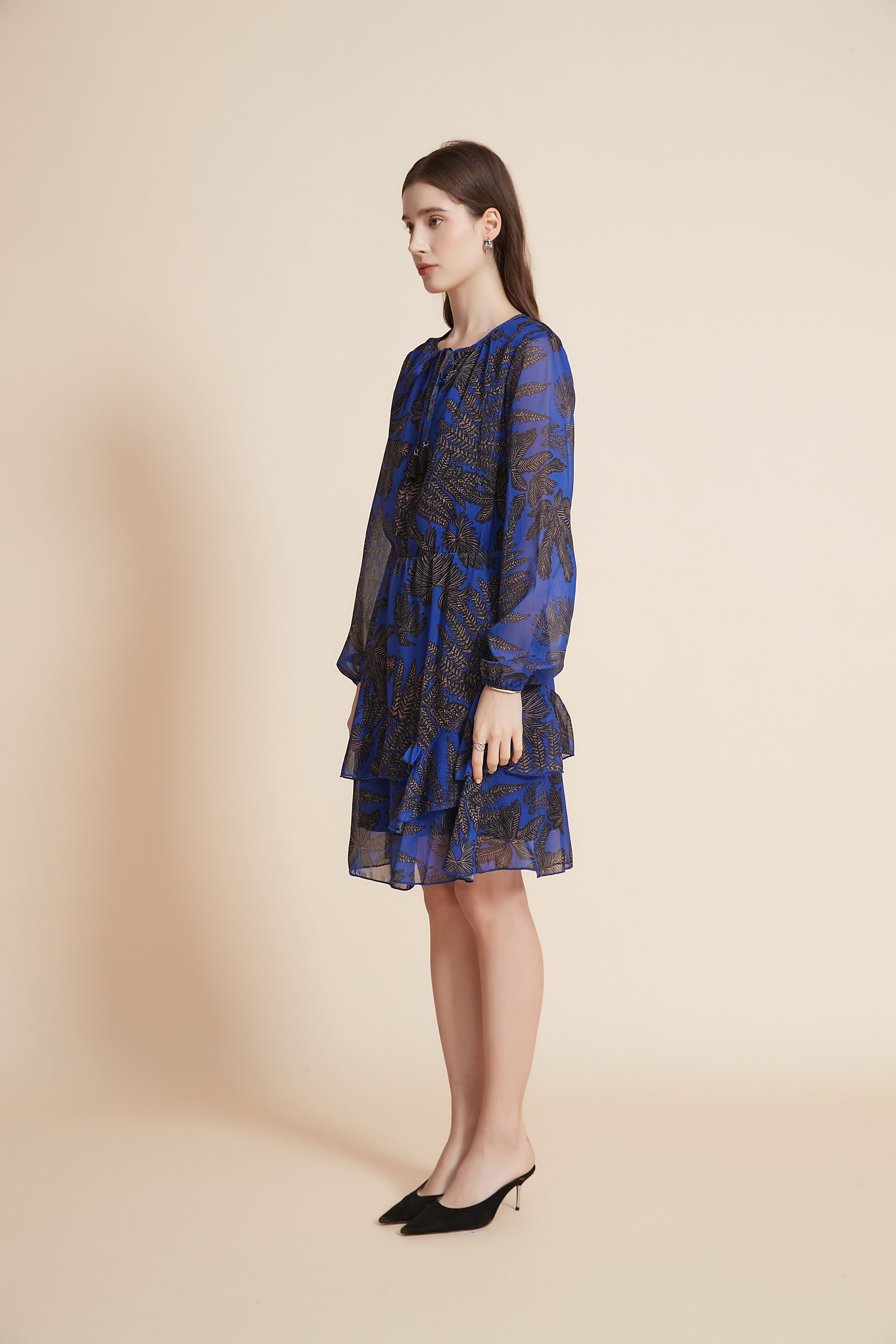 Long Sleeve Short Dress With Ruffled Floral