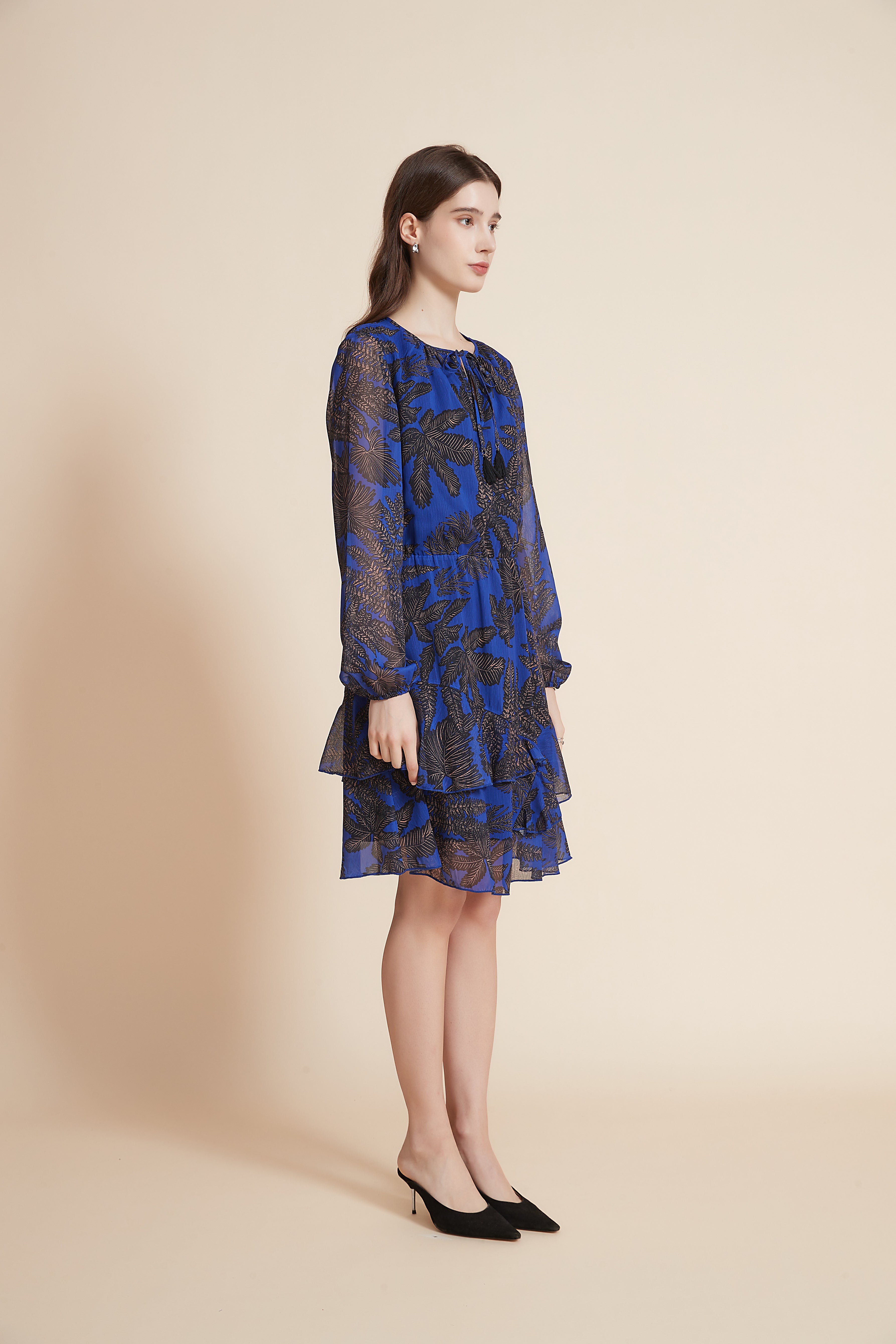 Yola Long Sleeve Short Dress with Ruffled Floral