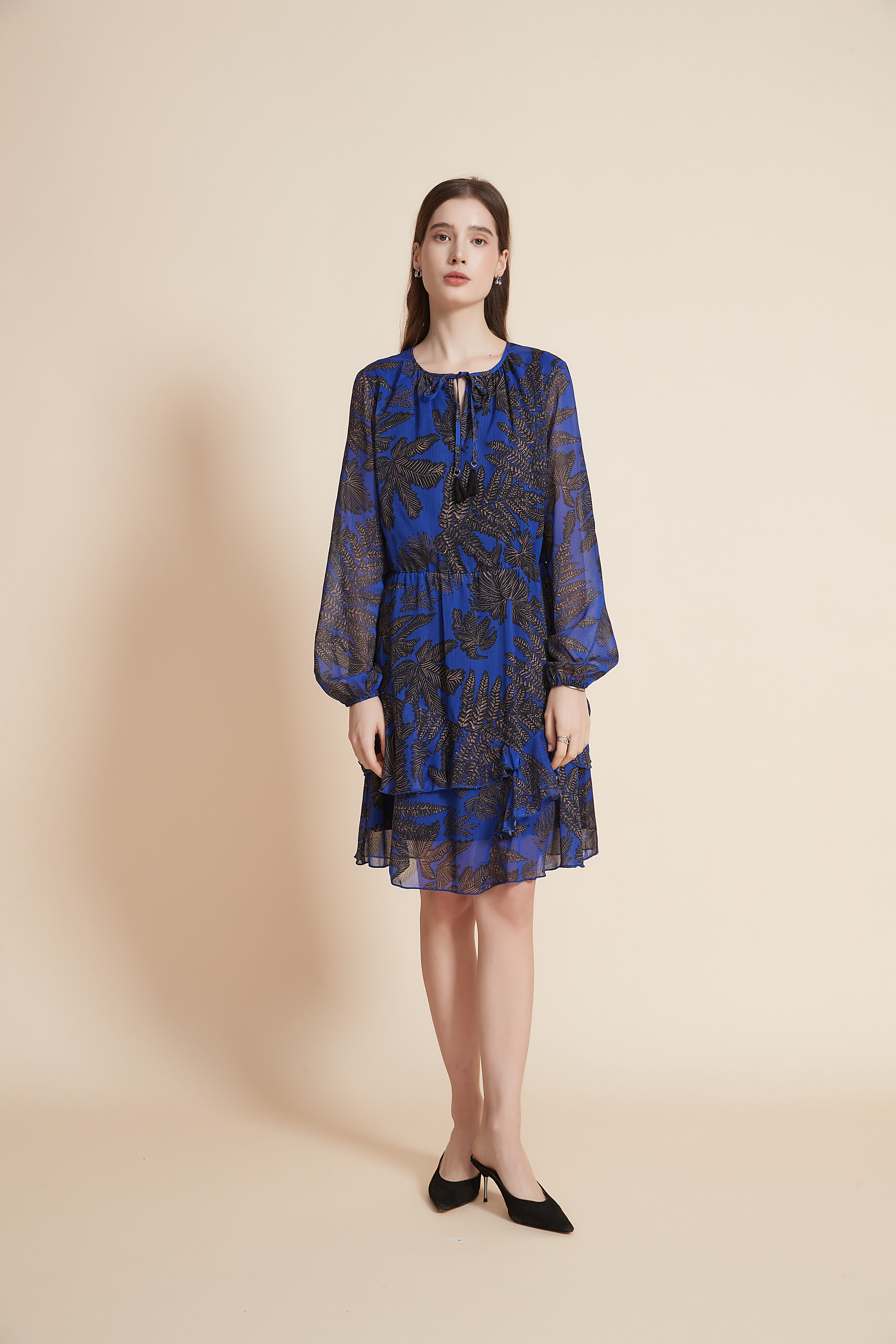 Long Sleeve Short Dress With Ruffled Floral