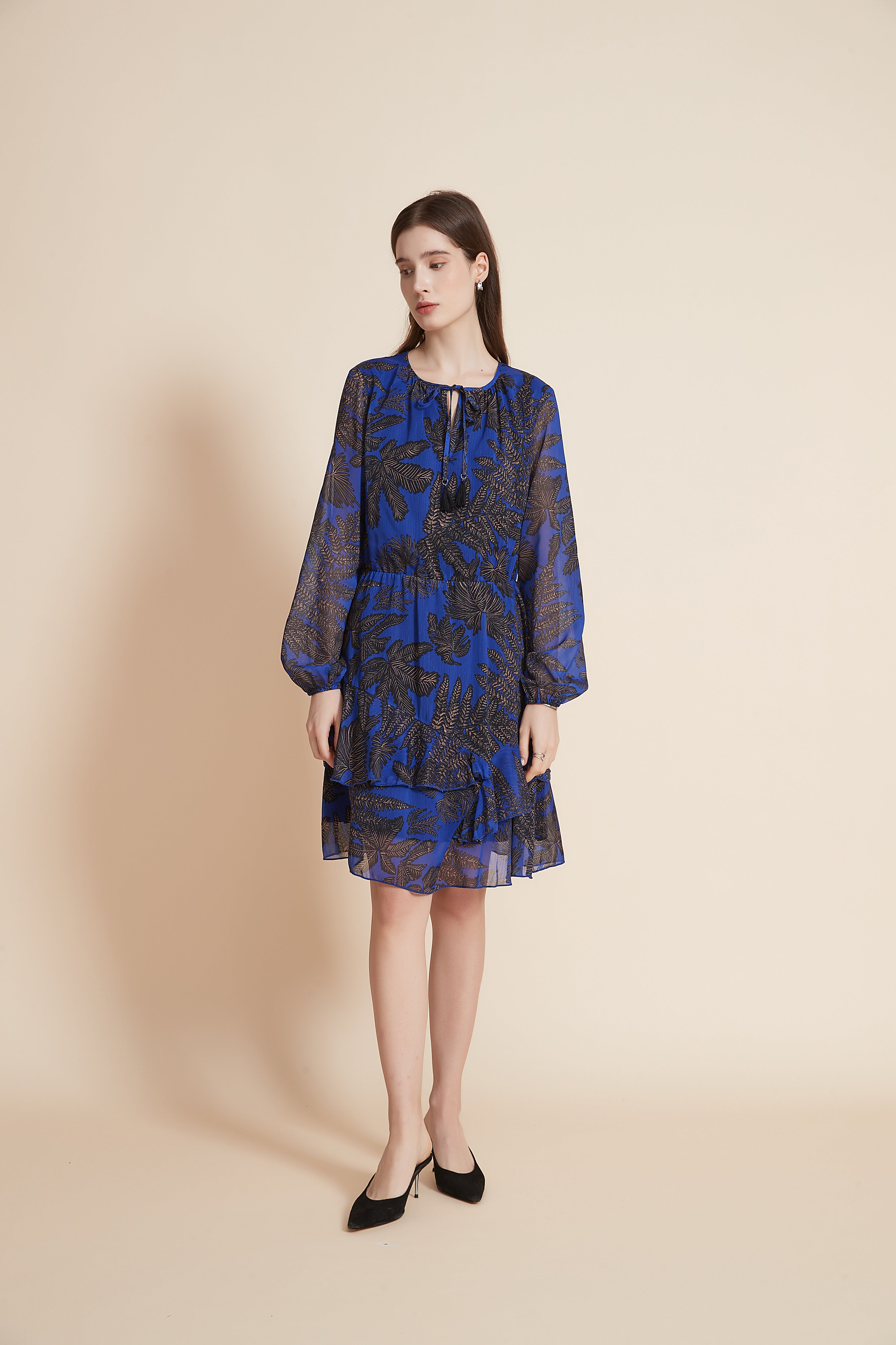 Long Sleeve Short Dress With Ruffled Floral