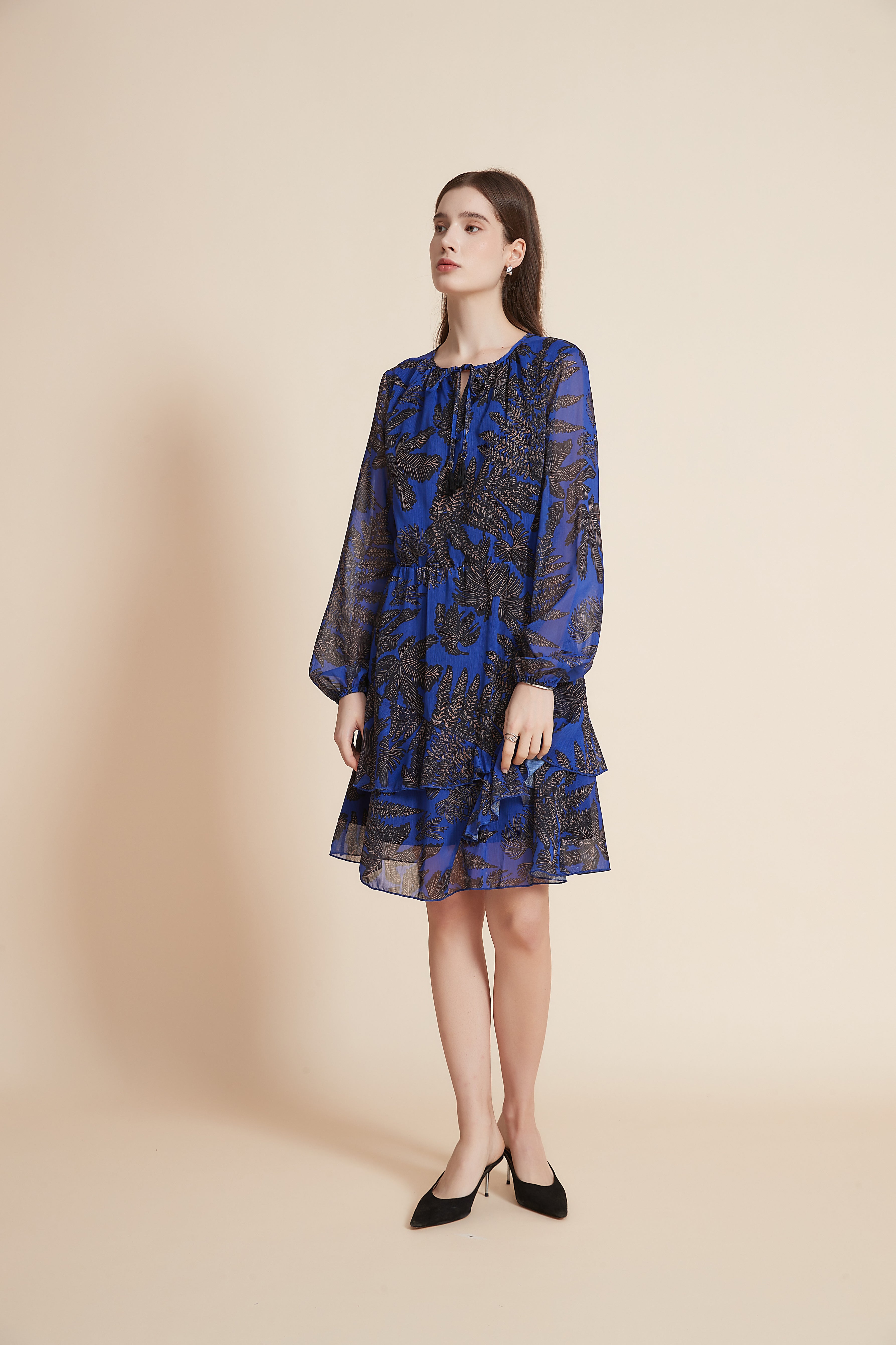 Long Sleeve Short Dress With Ruffled Floral