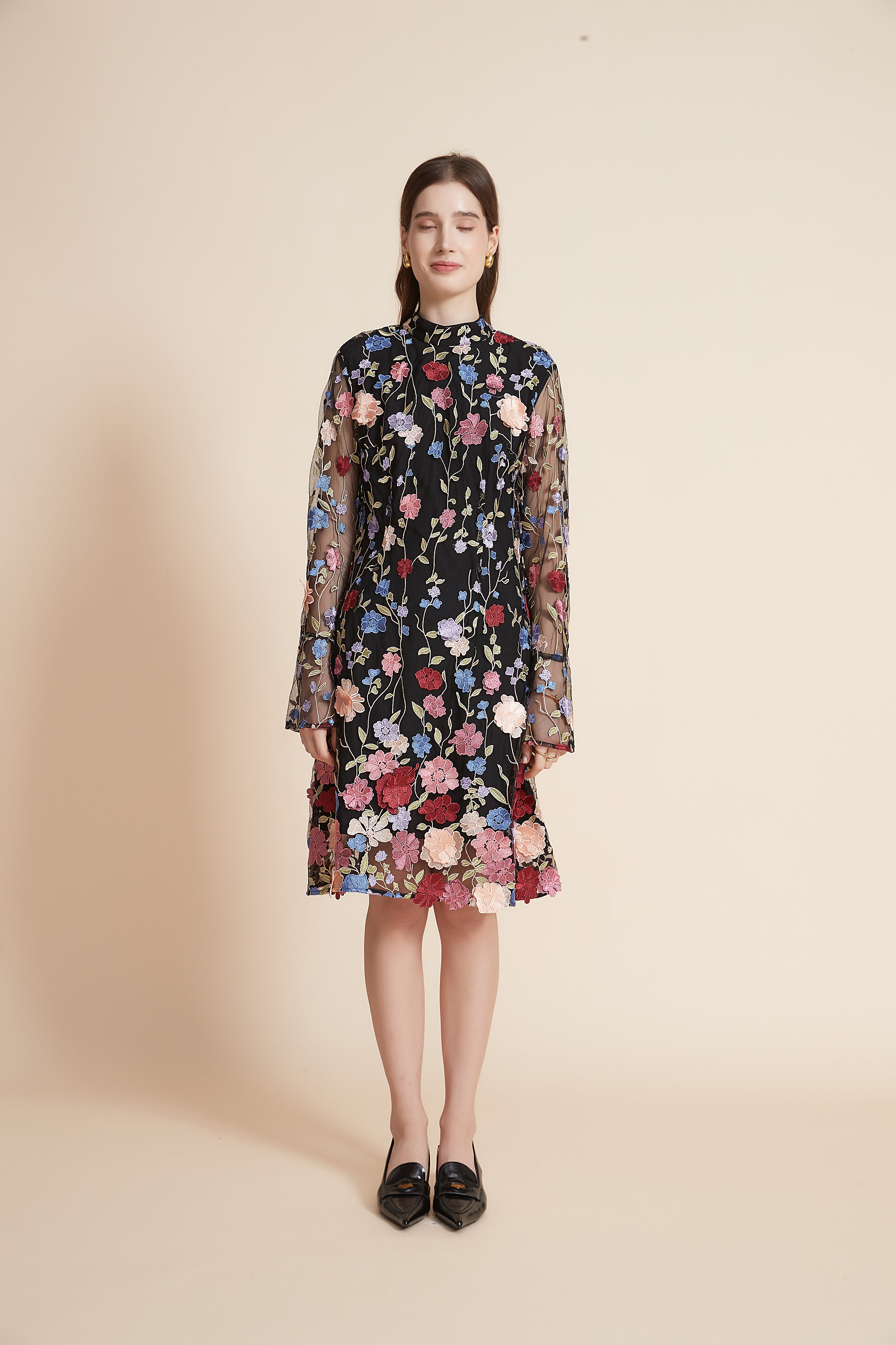 Yola Short Floral Dress with Long Chiffon Sleeves