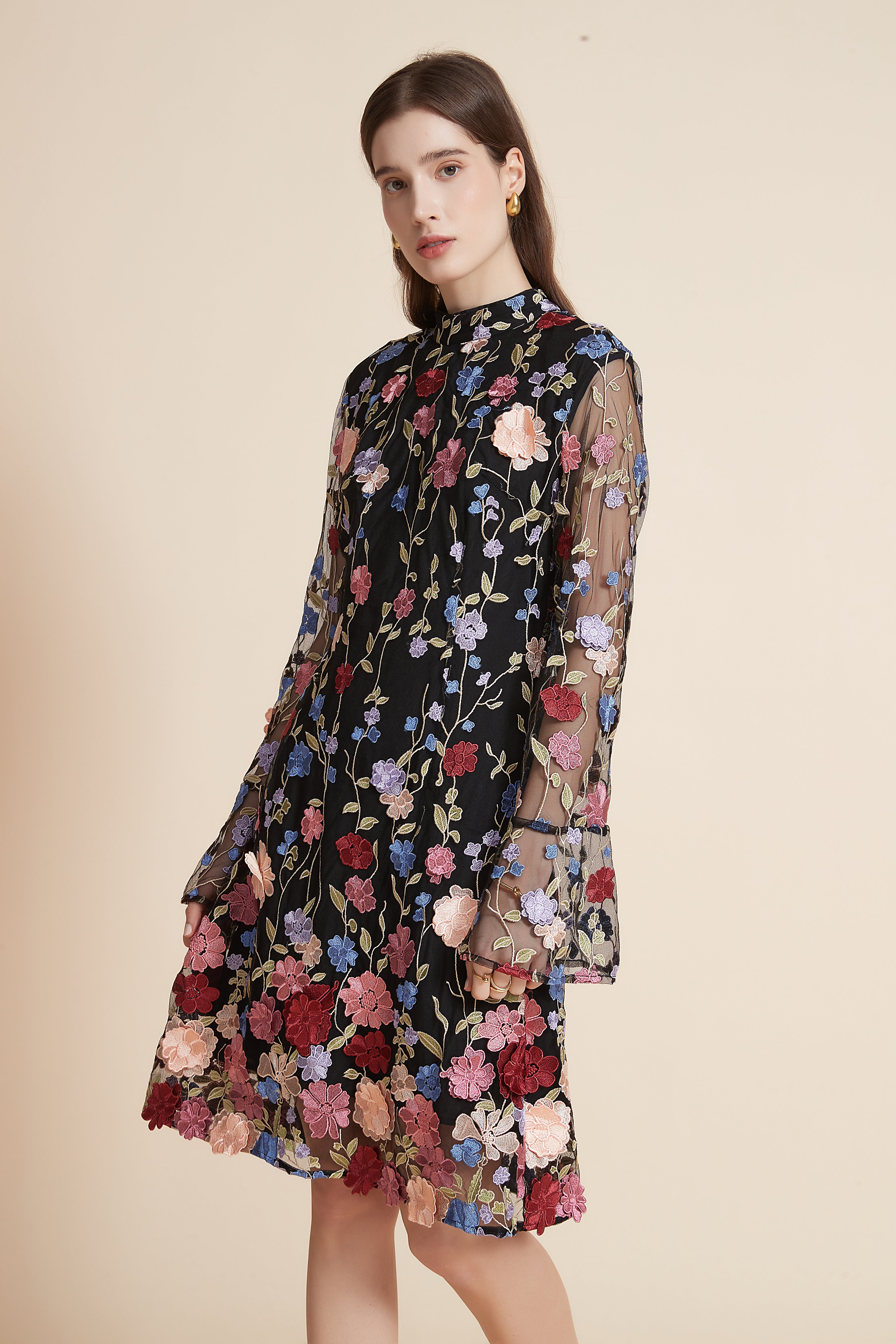 Yola Short Floral Dress with Long Chiffon Sleeves