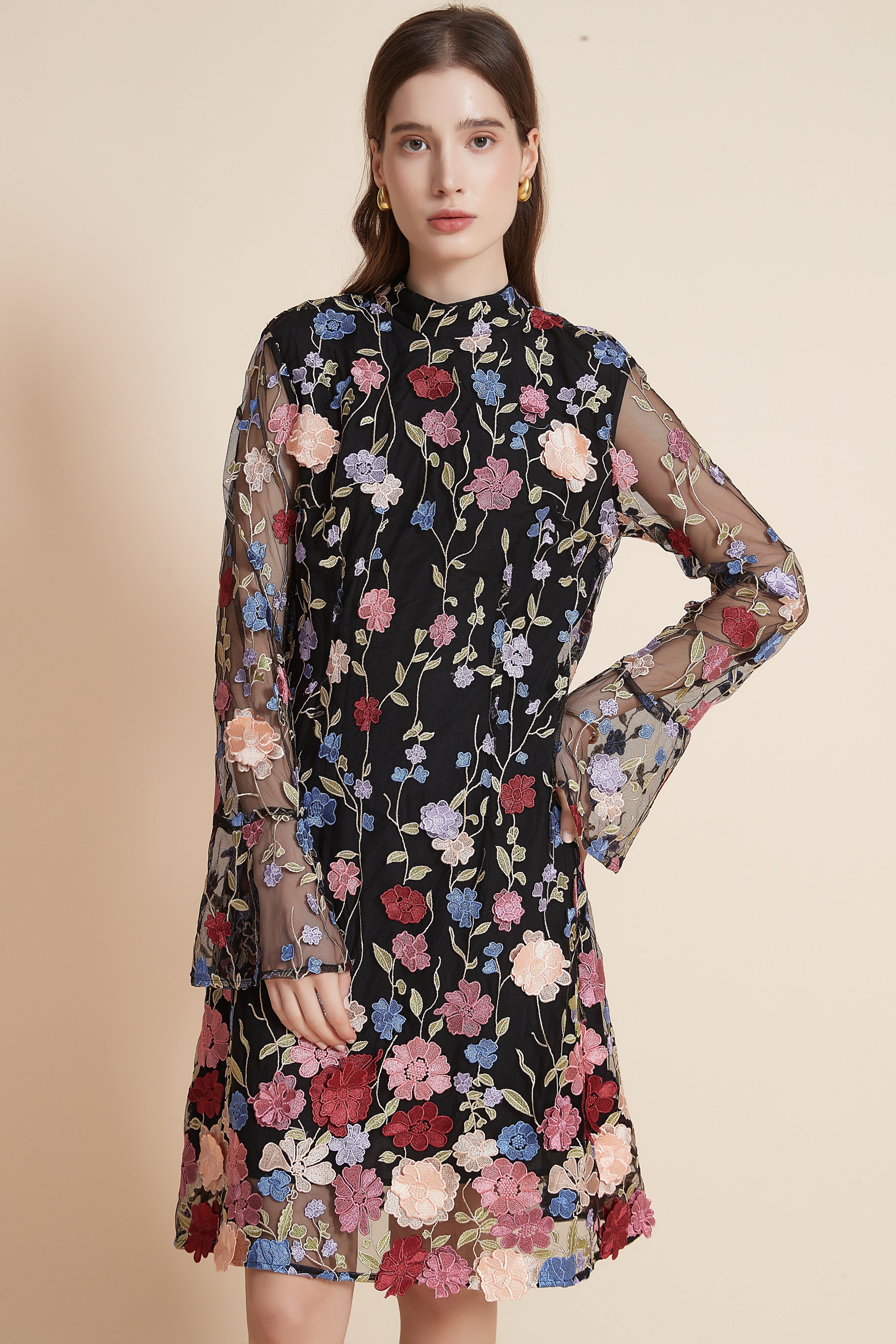 Short Floral Dress with Long Chiffon Sleeves