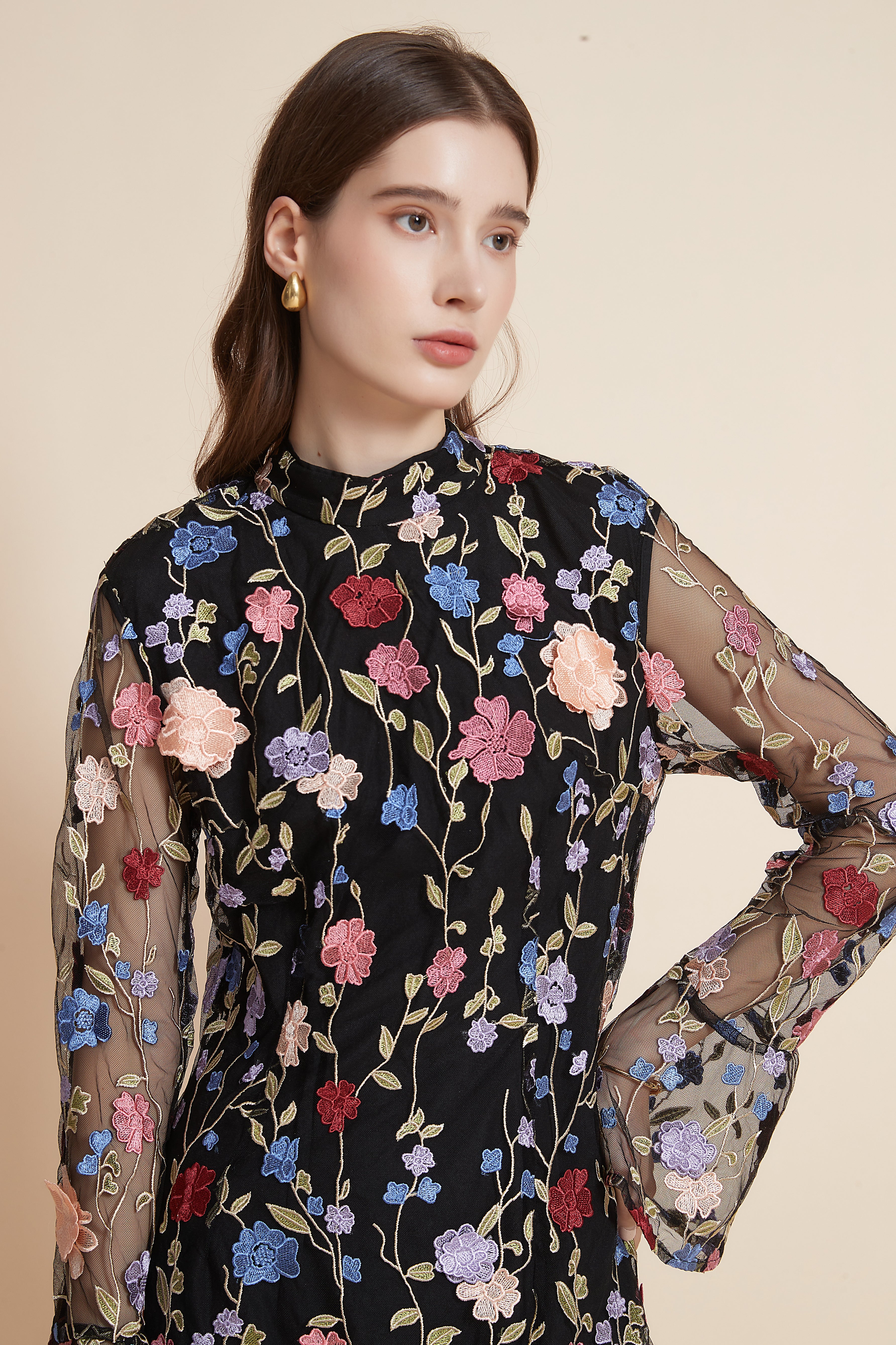 Yola Short Floral Dress with Long Chiffon Sleeves