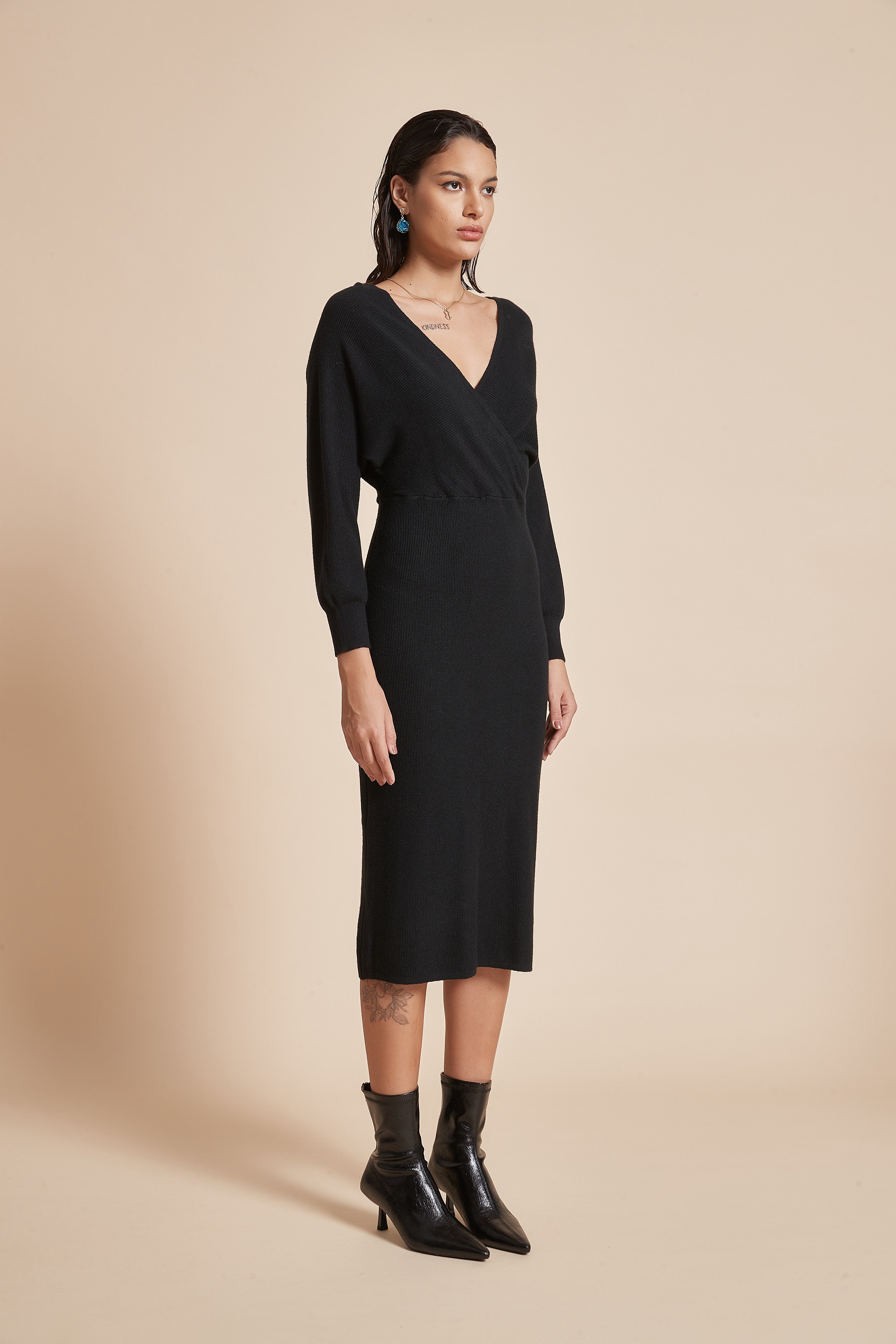 Plain Midi Wrap Dress With Long Butterfly Sleeves And Heart-Shaped Neckline