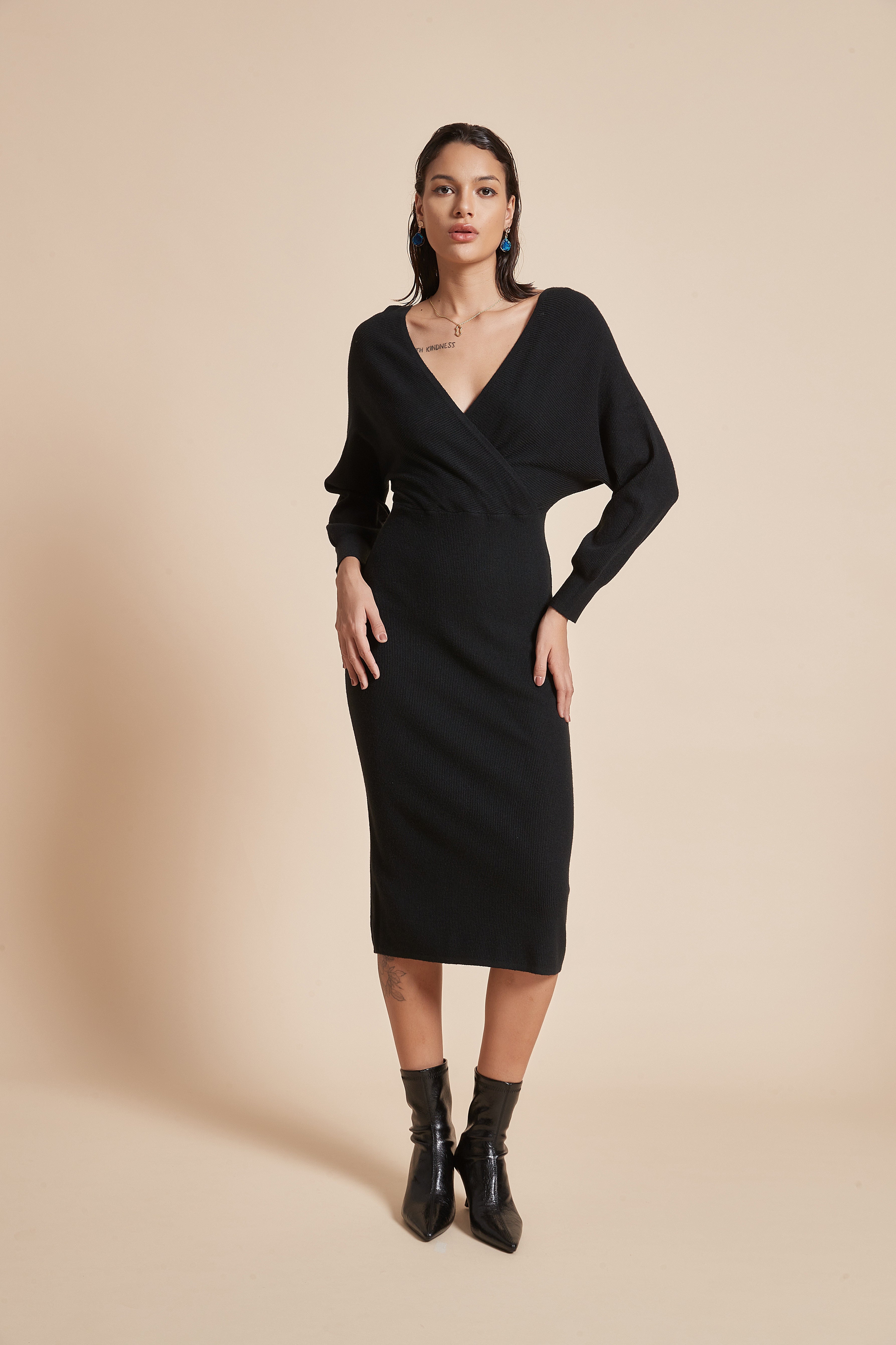 Plain Midi Wrap Dress With Long Butterfly Sleeves And Heart-Shaped Neckline