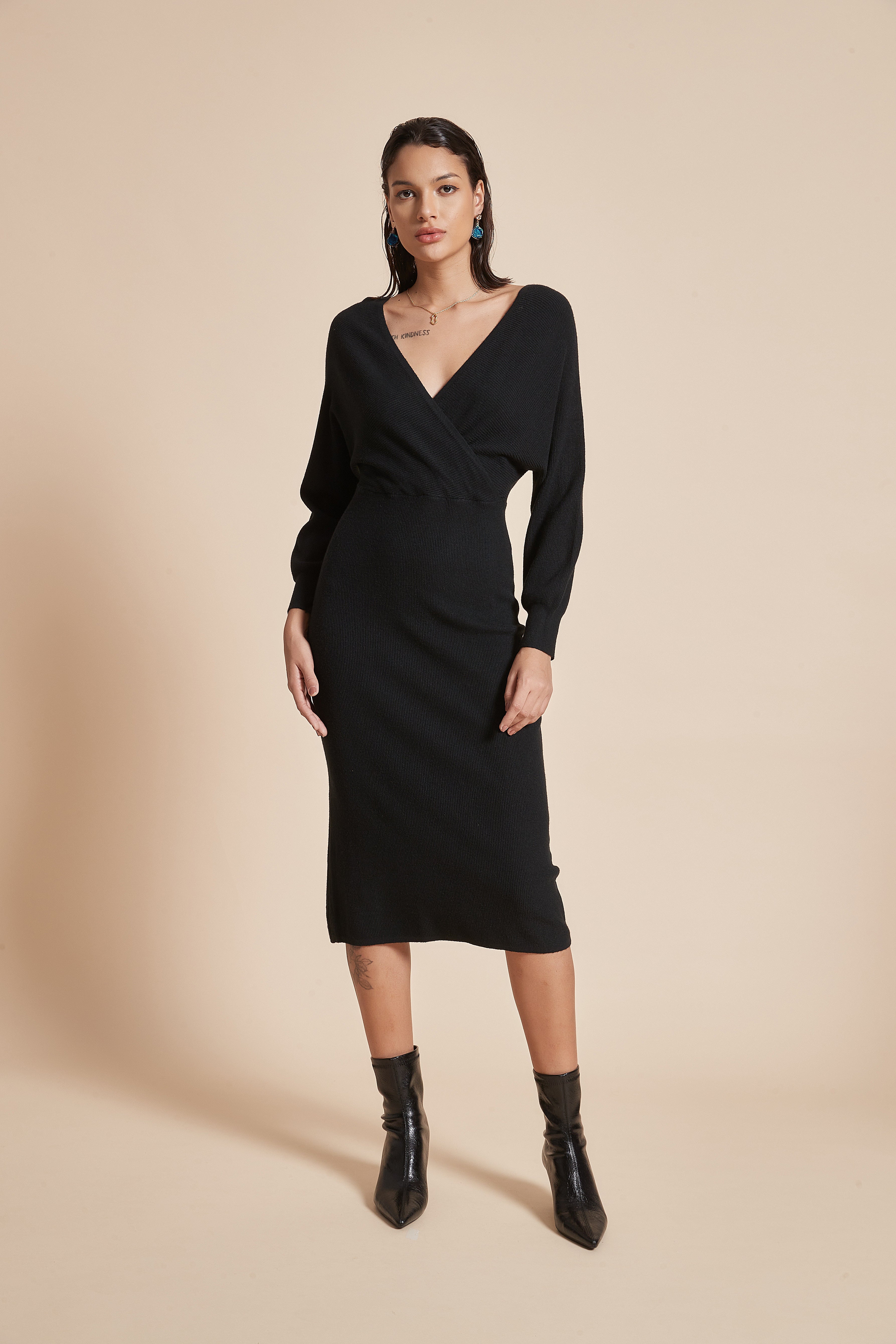 Plain Midi Wrap Dress With Long Butterfly Sleeves And Heart-Shaped Neckline
