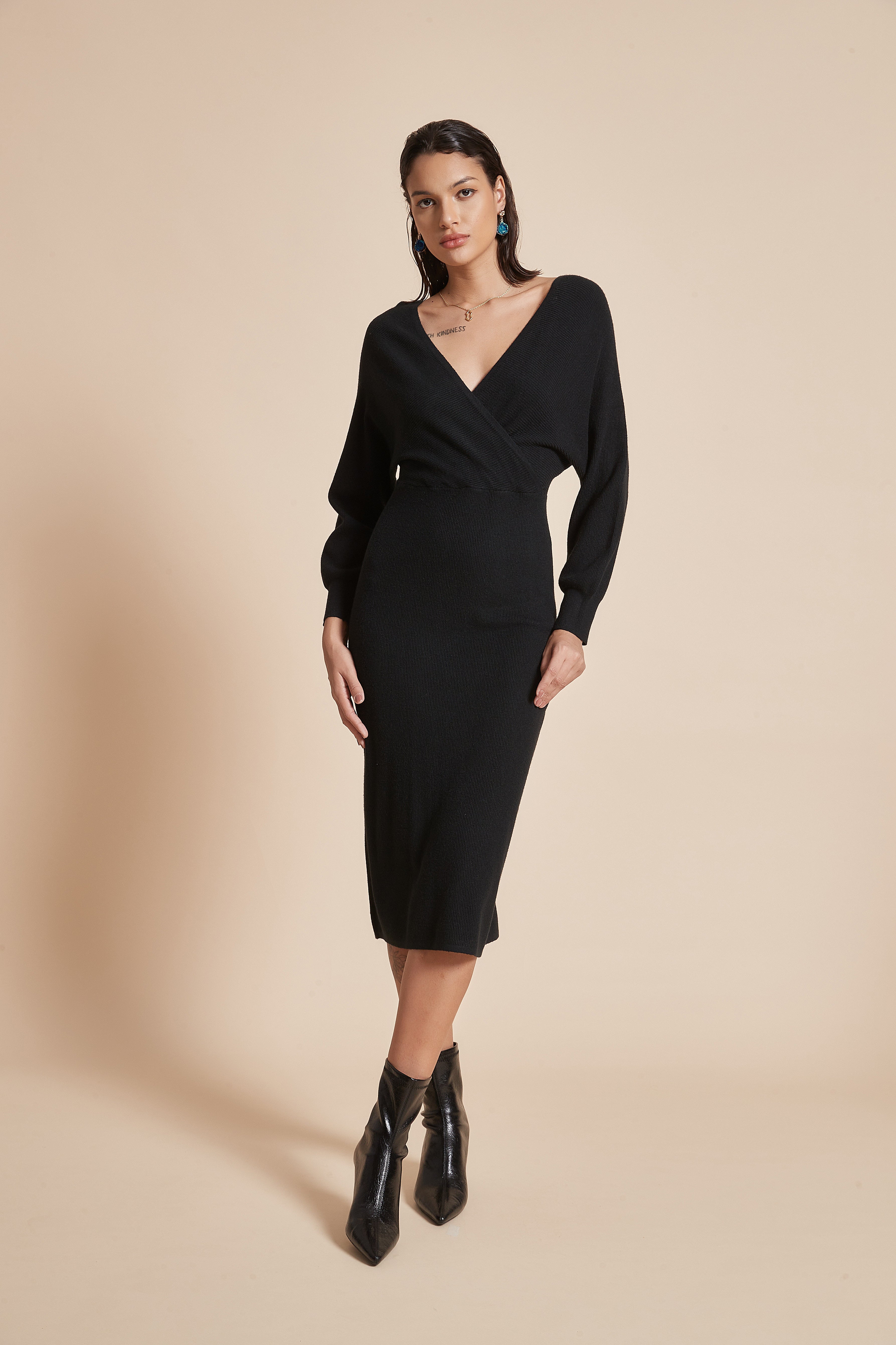 Plain Midi Wrap Dress With Long Butterfly Sleeves And Heart-Shaped Neckline