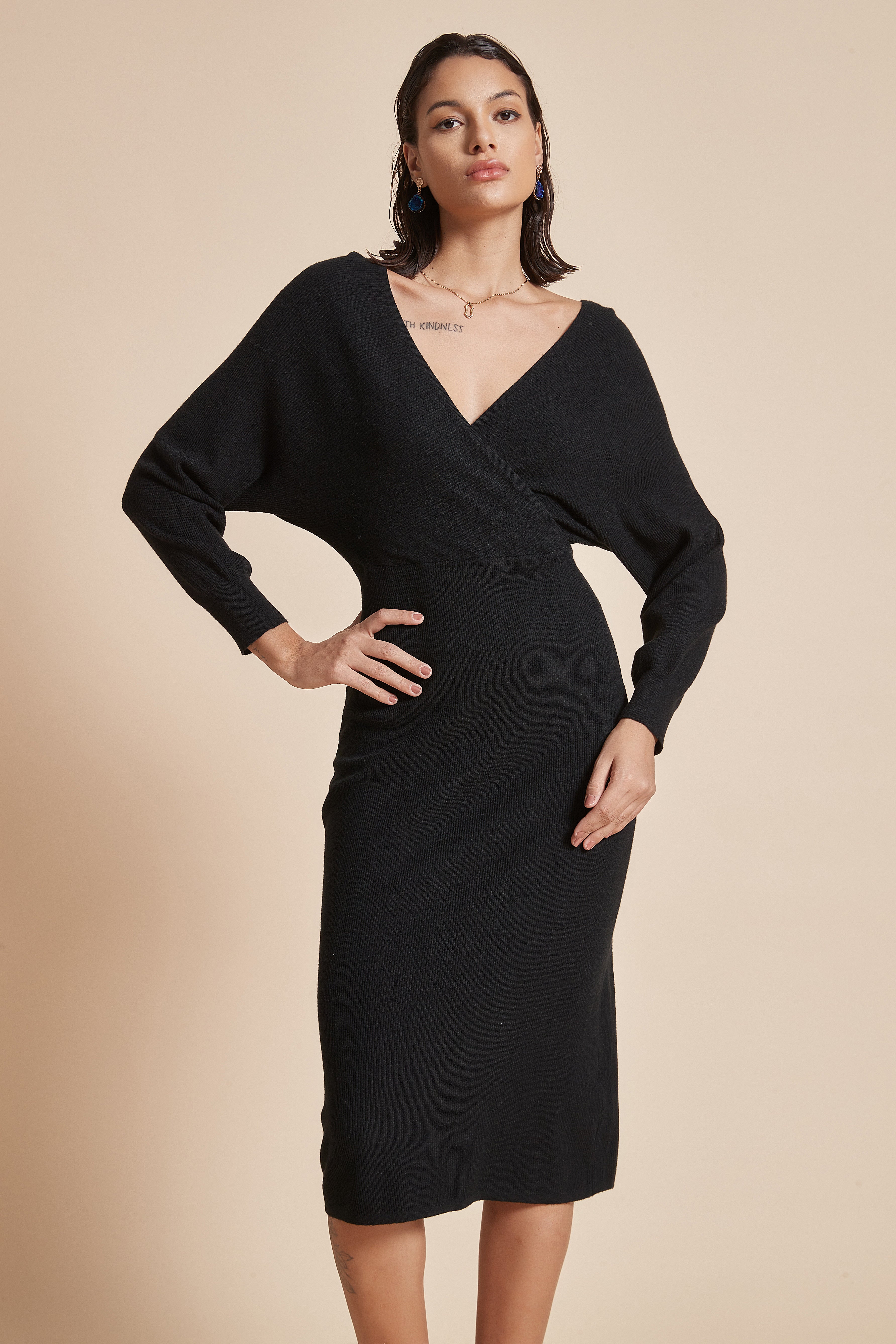 Plain Midi Wrap Dress With Long Butterfly Sleeves And Heart-Shaped Neckline