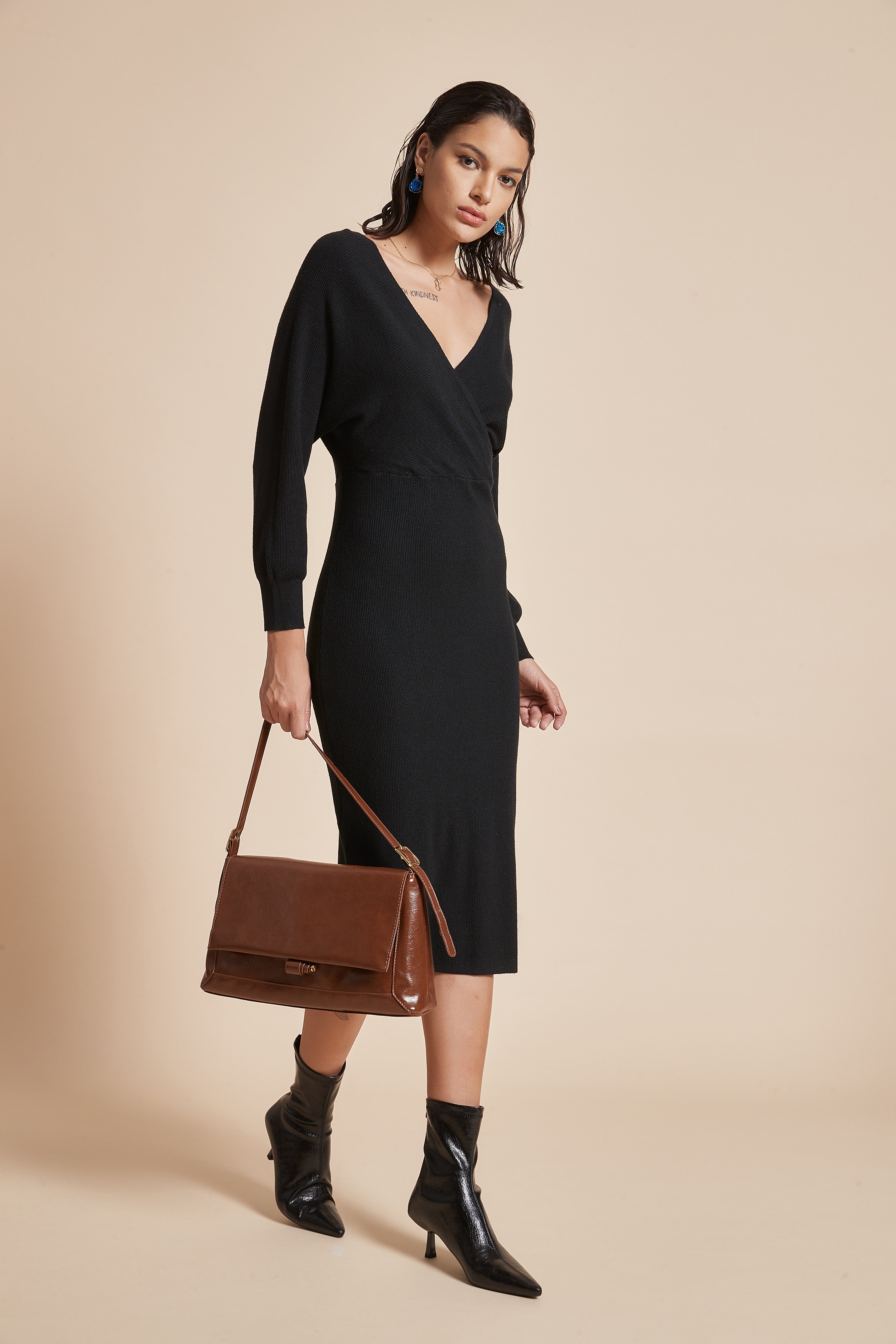 Yola Plain Midi Wrap Dress with Long Butterfly Sleeves and Heart-Shaped Neckline