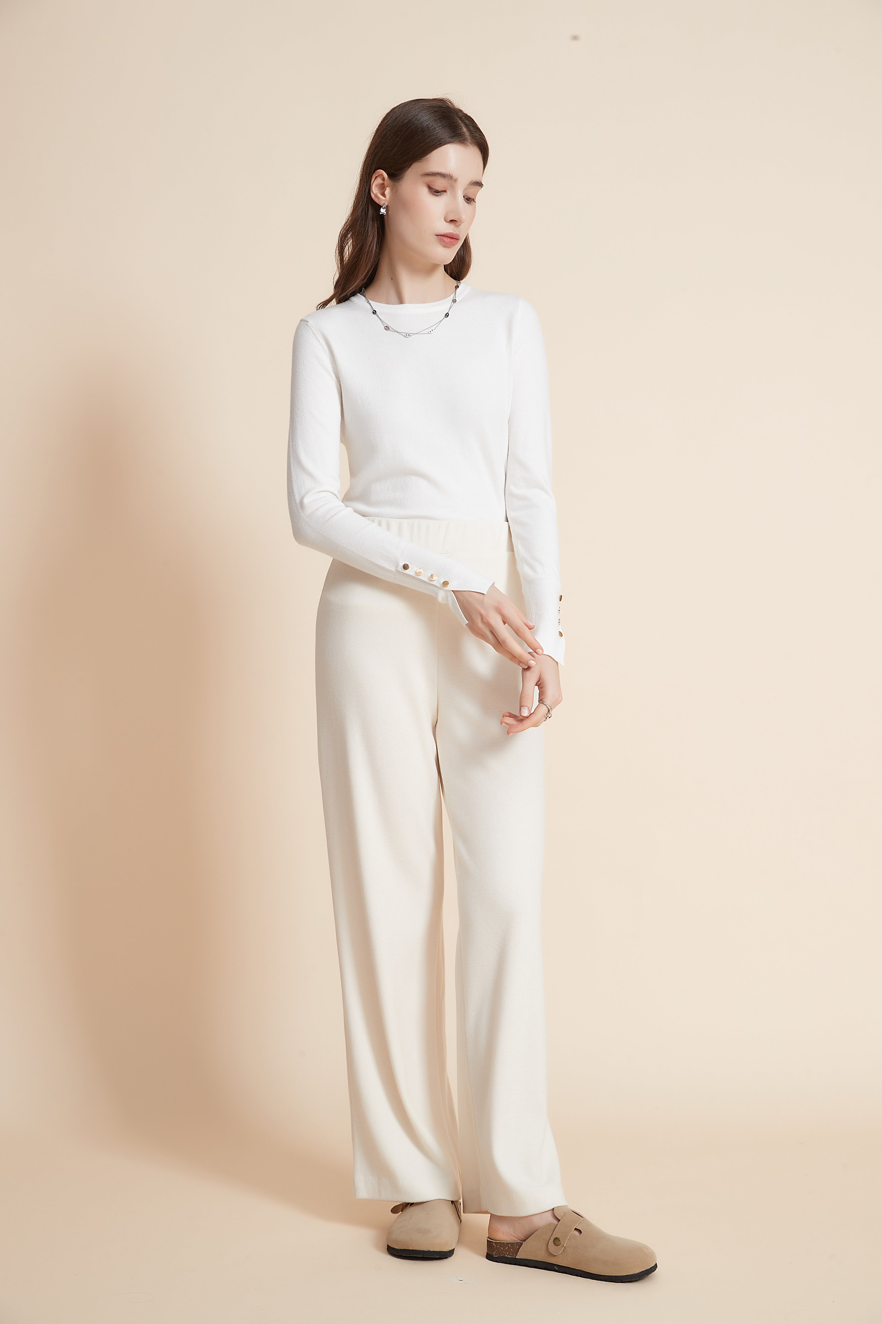 Plain Wide Elastic Waist Pants
