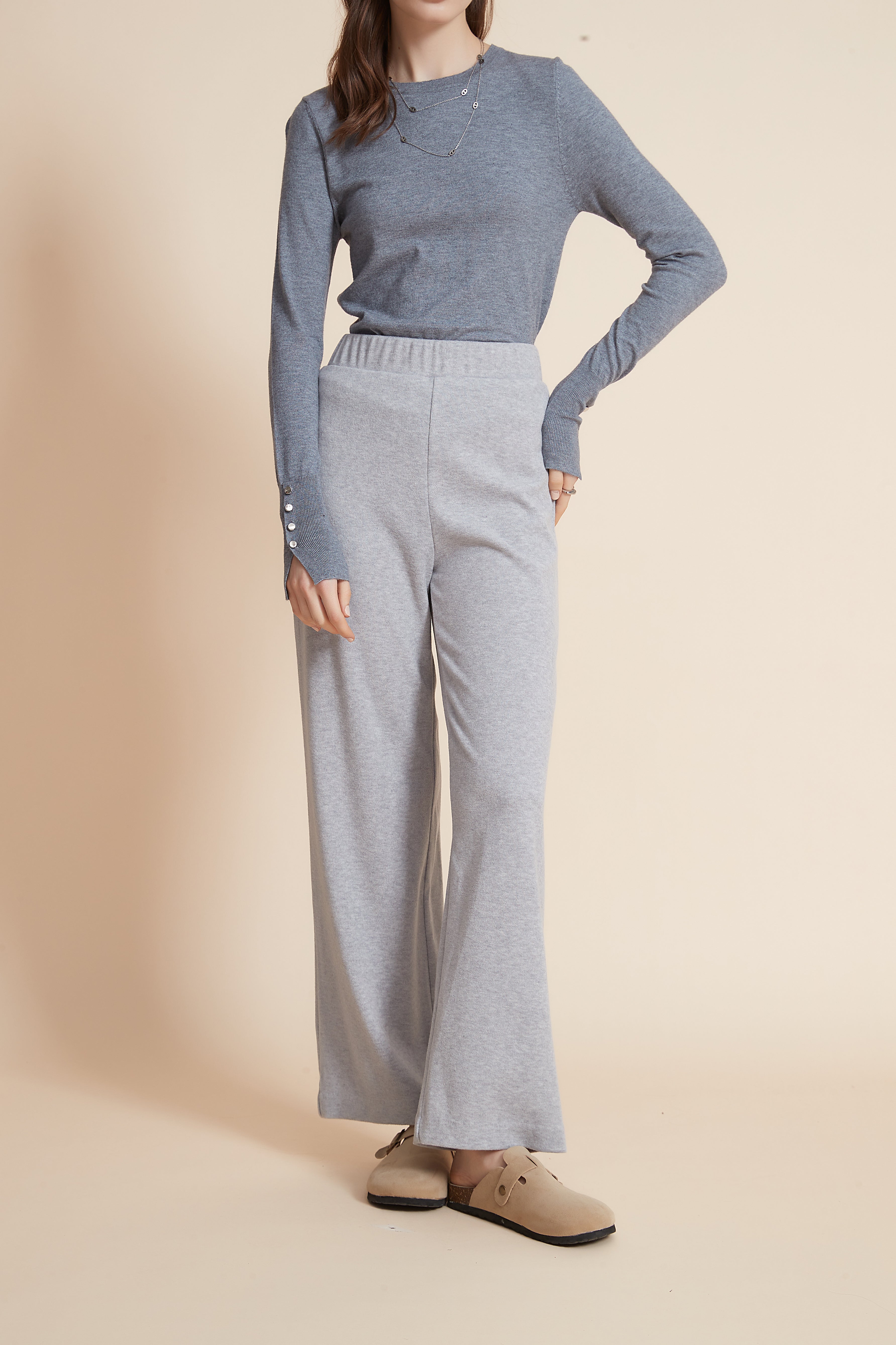 Plain Wide Elastic Waist Pants
