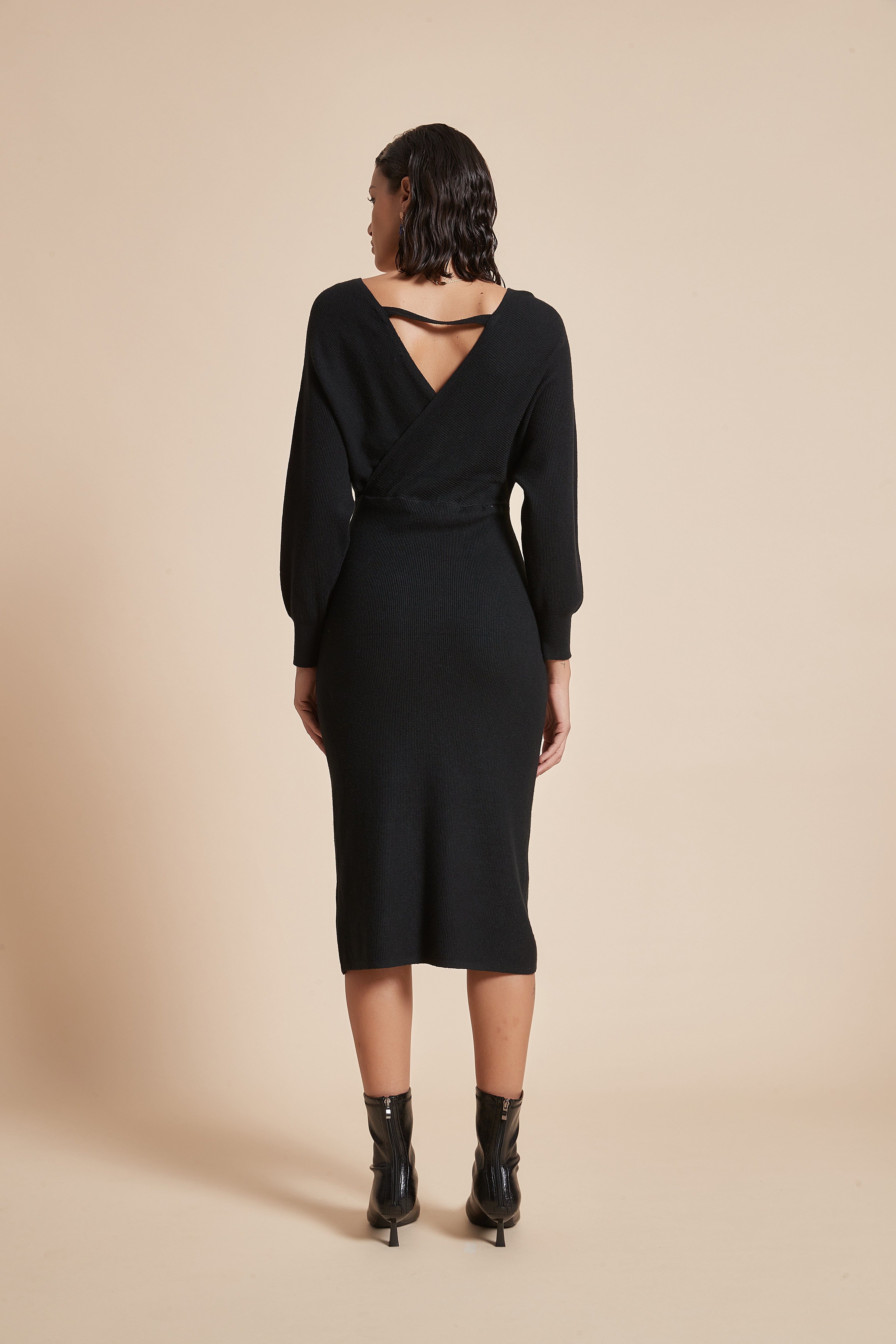 Yola Plain Midi Wrap Dress with Long Butterfly Sleeves and Heart-Shaped Neckline