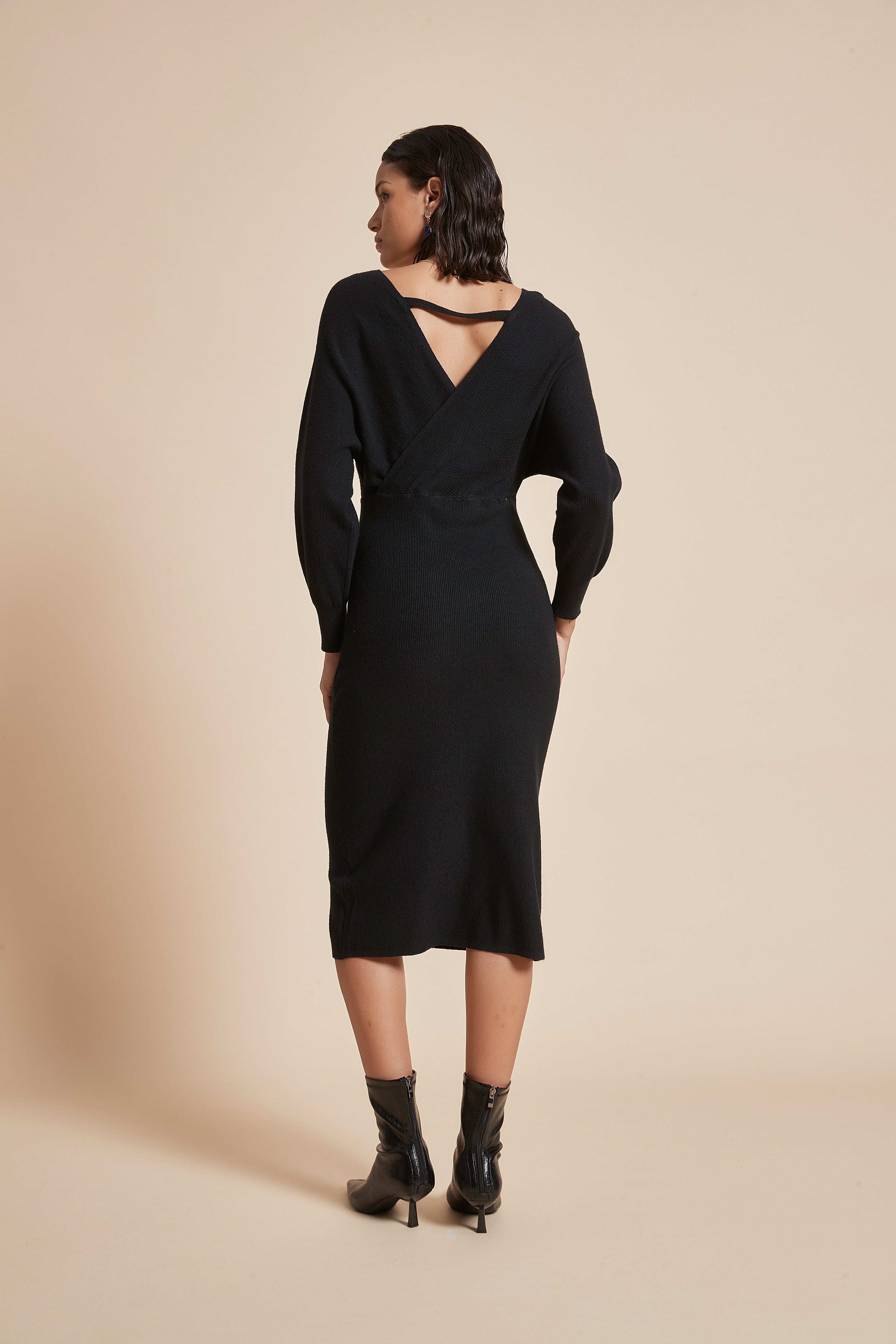 Plain Midi Wrap Dress With Long Butterfly Sleeves And Heart-Shaped Neckline