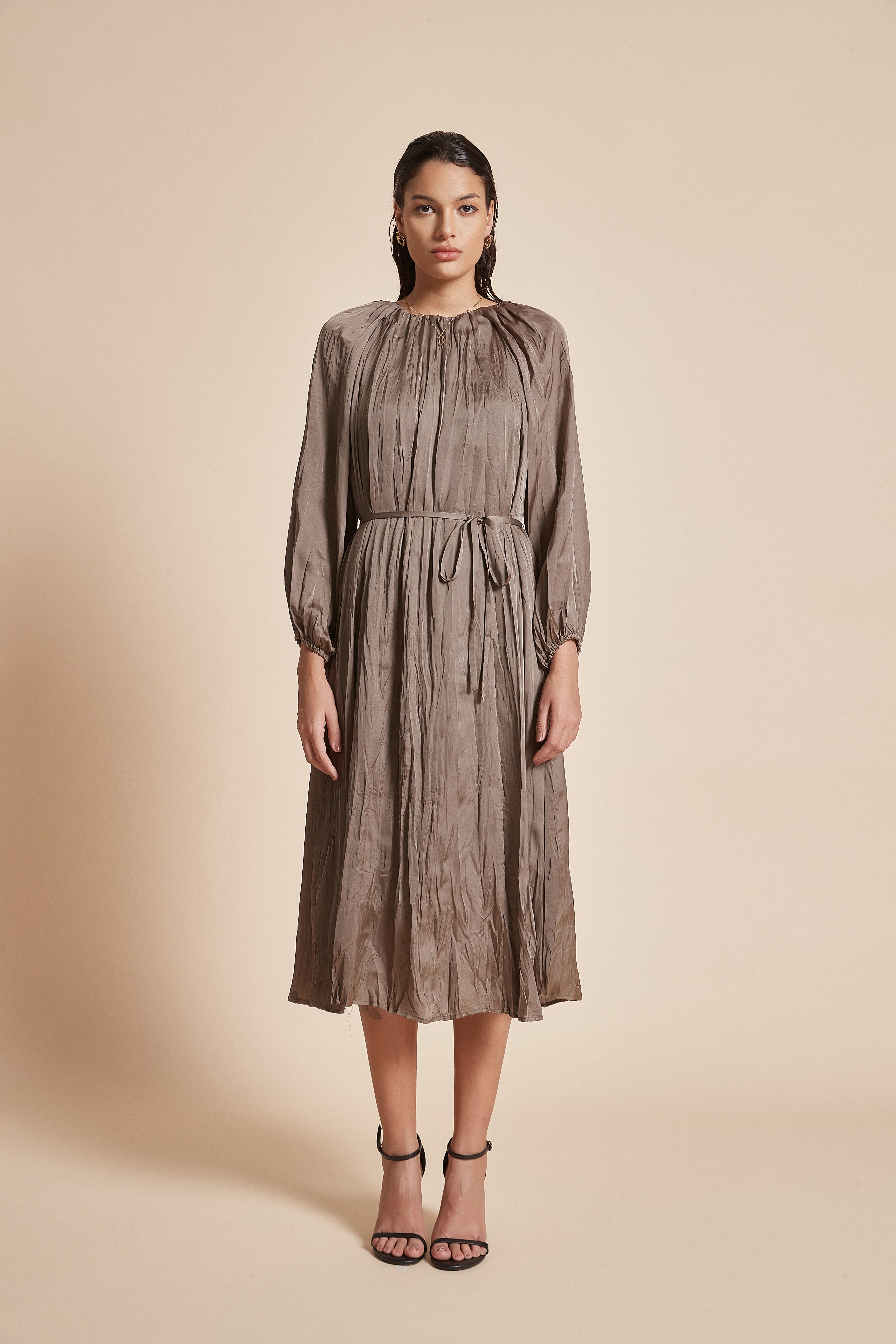 Yola Midi Dress with Long Sleeves and Waist Belt