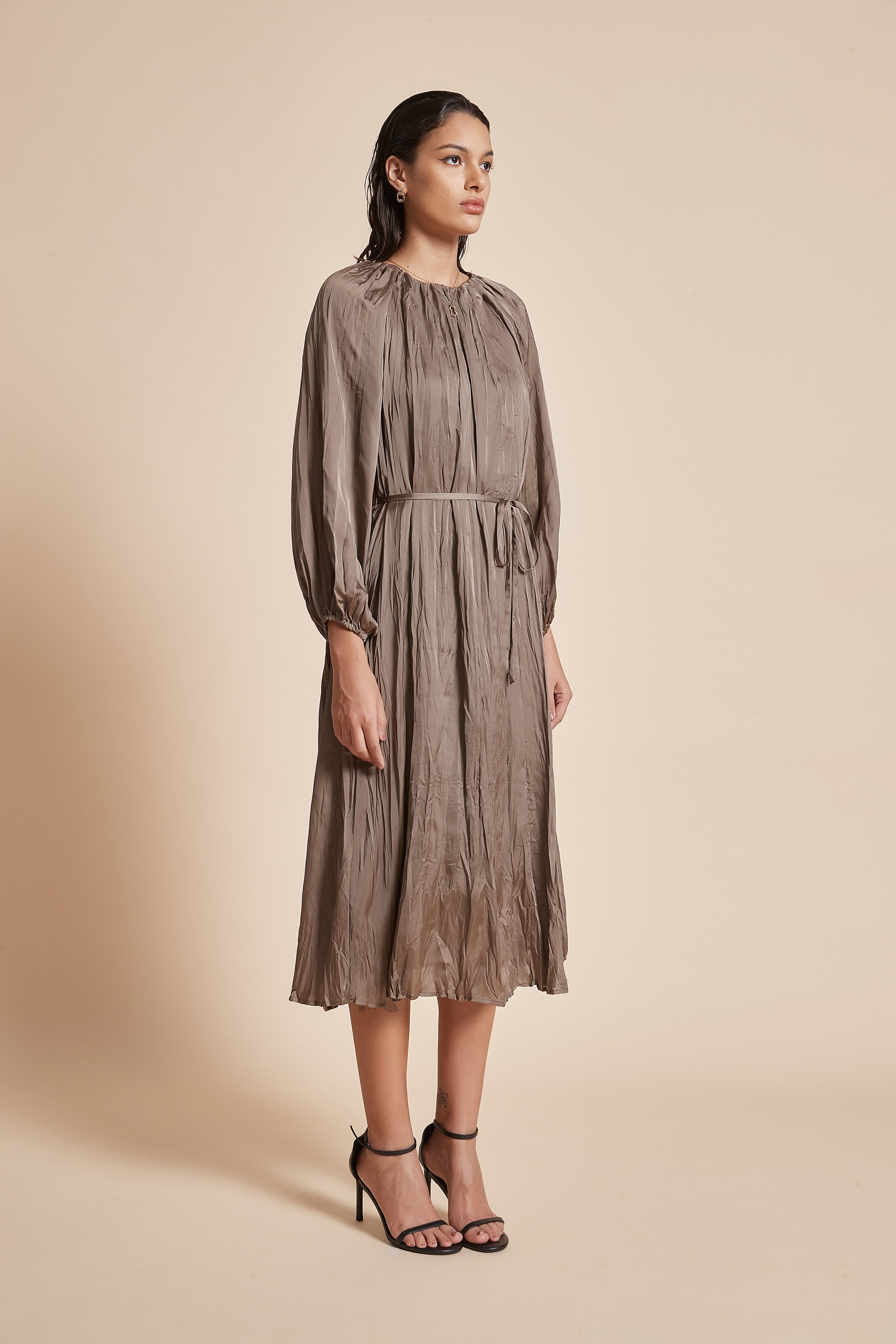 Yola Midi Dress with Long Sleeves and Waist Belt