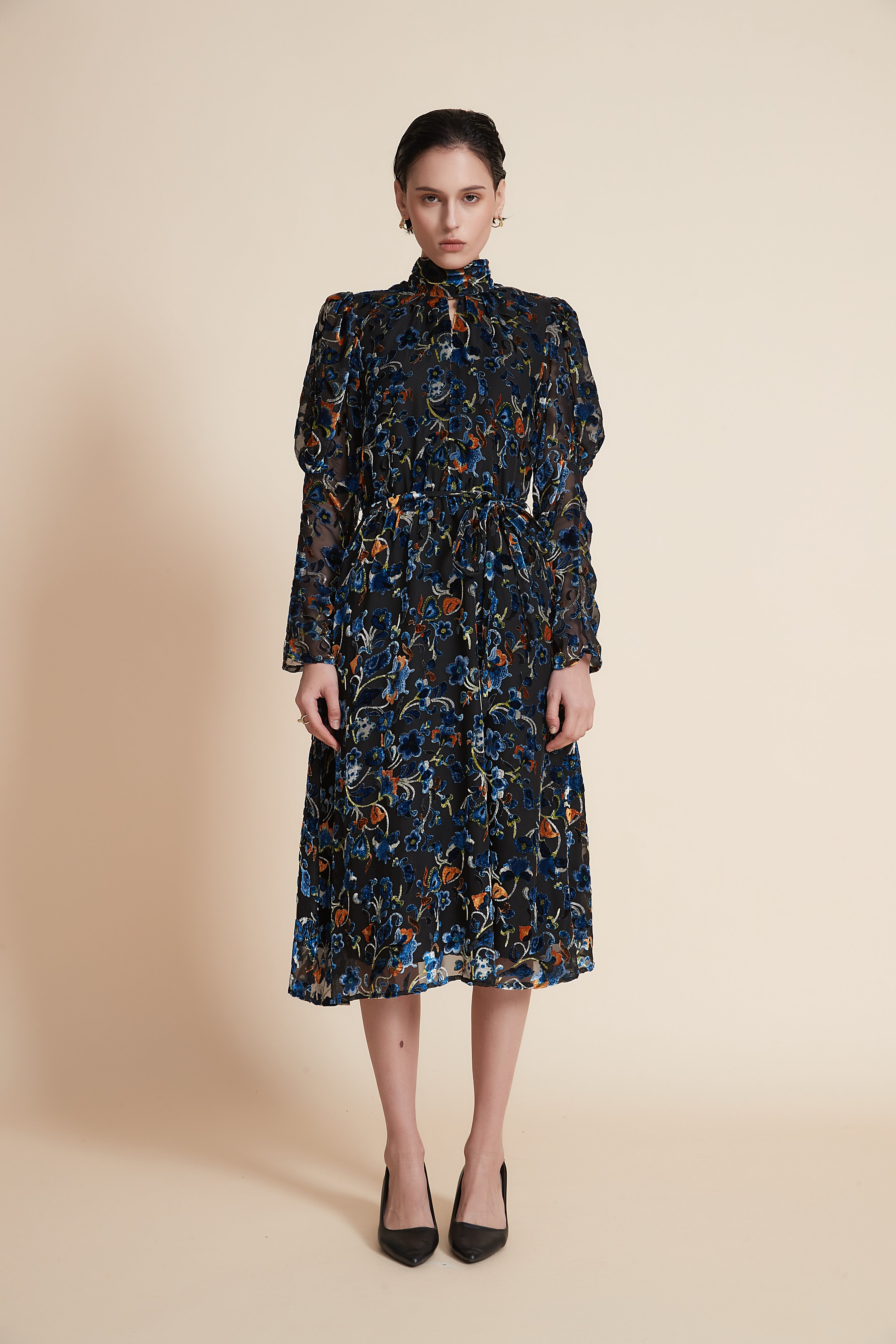 Yola High Neck Floral Midi Dress with Long Sleeves in Chiffon