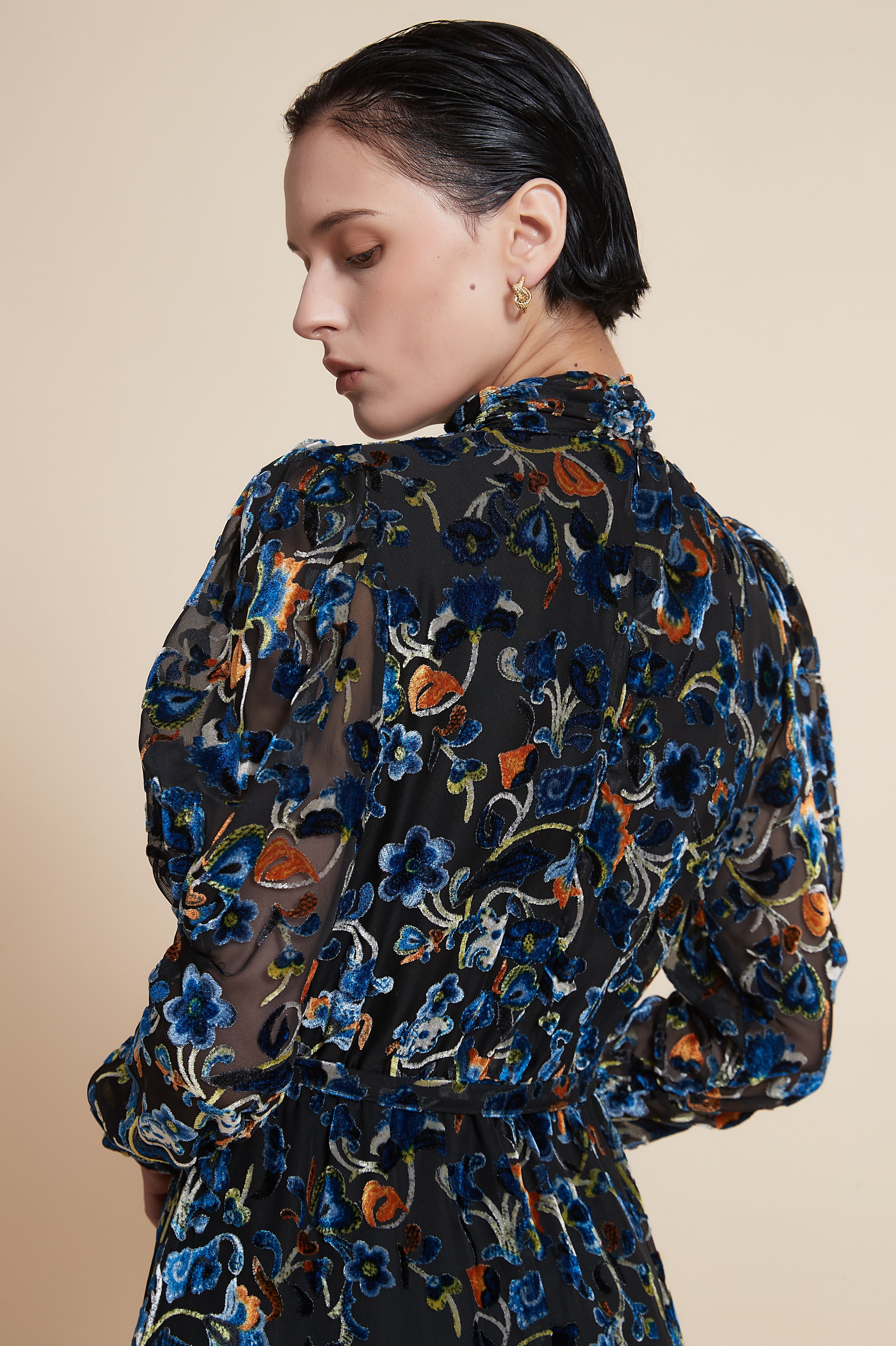 Printed Midi Dress with Long Sleeves and Round Neckline