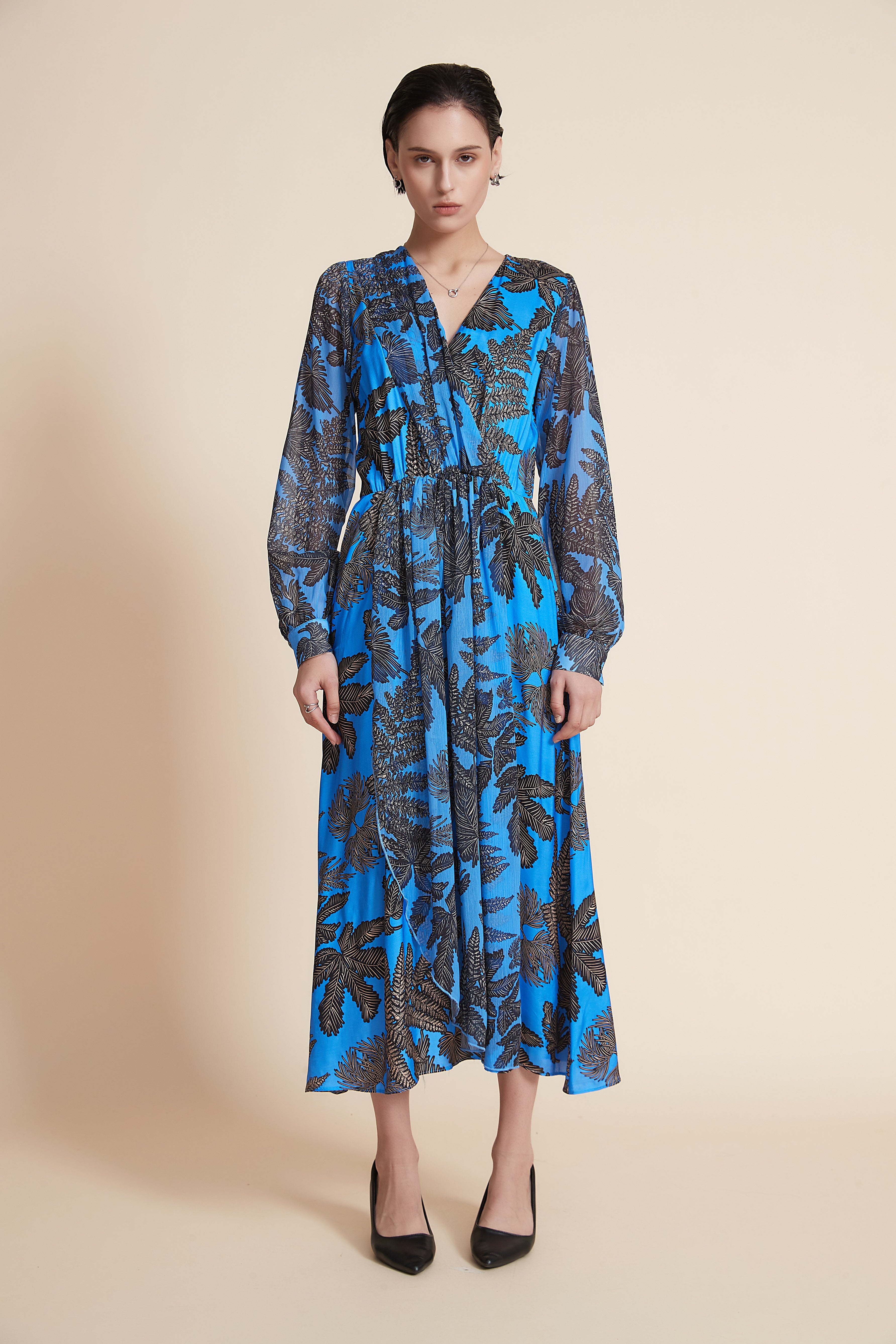 Yola Long Sleeve Ruffled Midi Dress with Floral Print