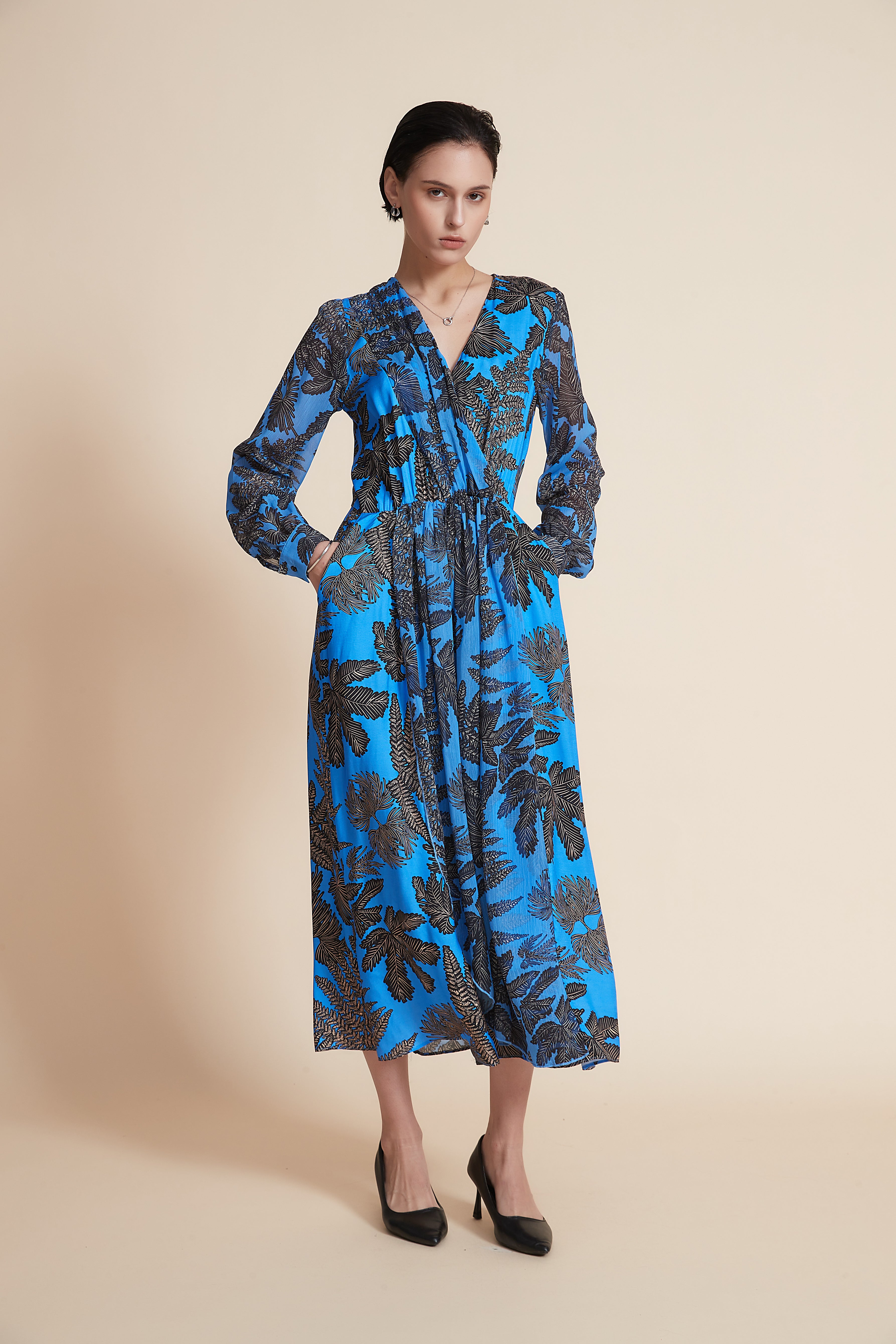 Yola Long Sleeve Ruffled Midi Dress with Floral Print