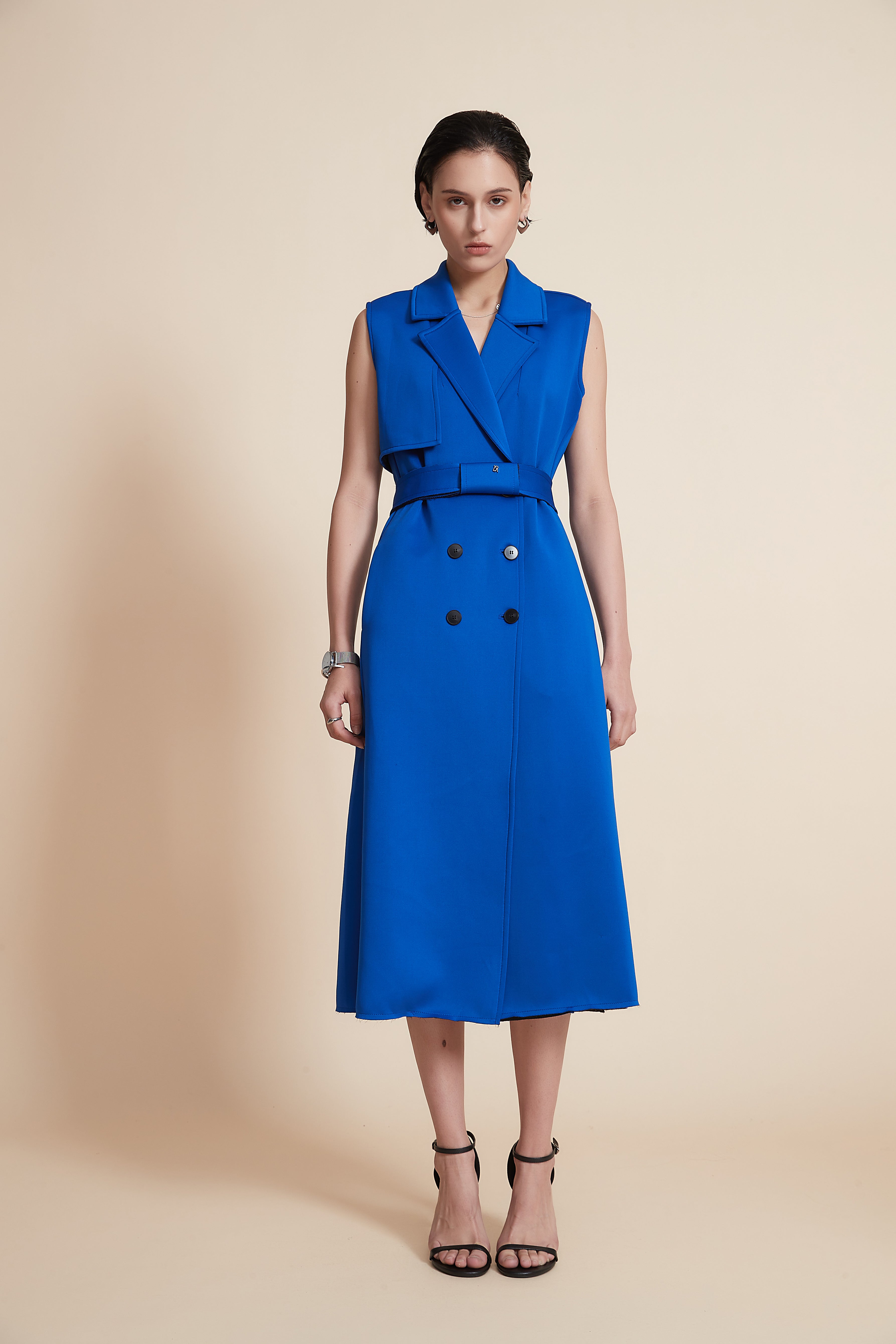 Yola Sleeveless Midi Dress with High Waist Belt and Front Buttons