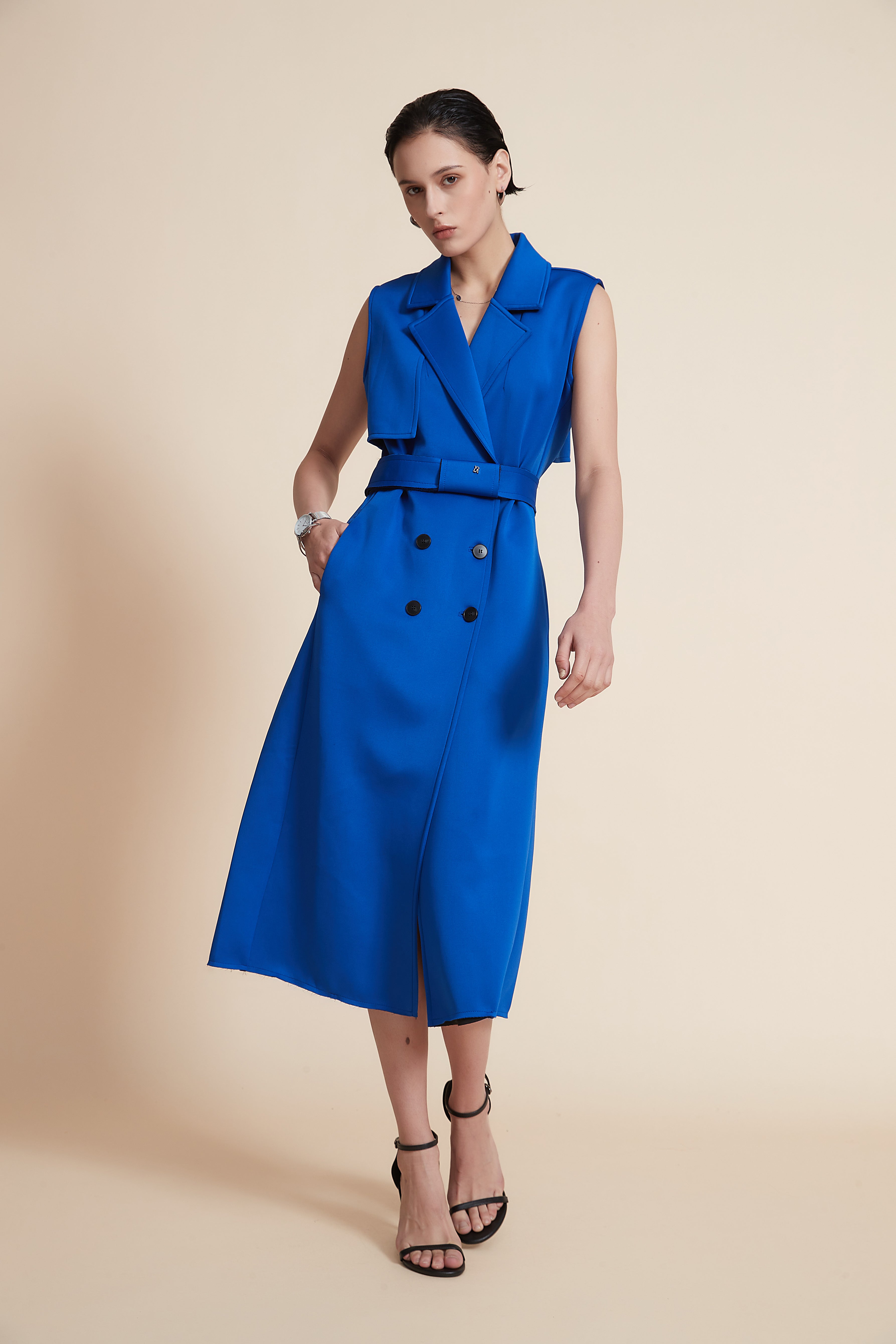 Yola Sleeveless Midi Dress with High Waist Belt and Front Buttons