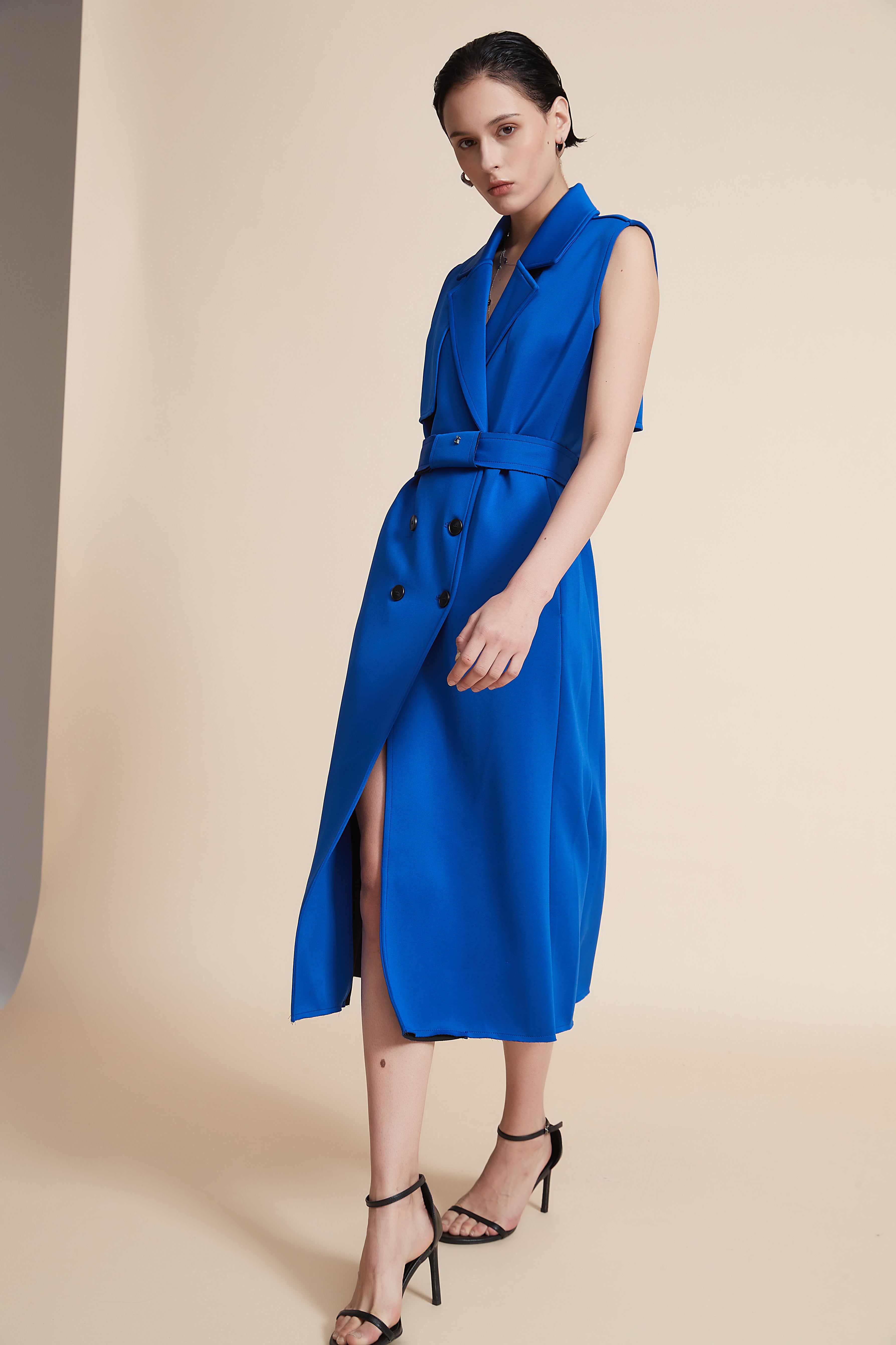 Yola Sleeveless Midi Dress with High Waist Belt and Front Buttons