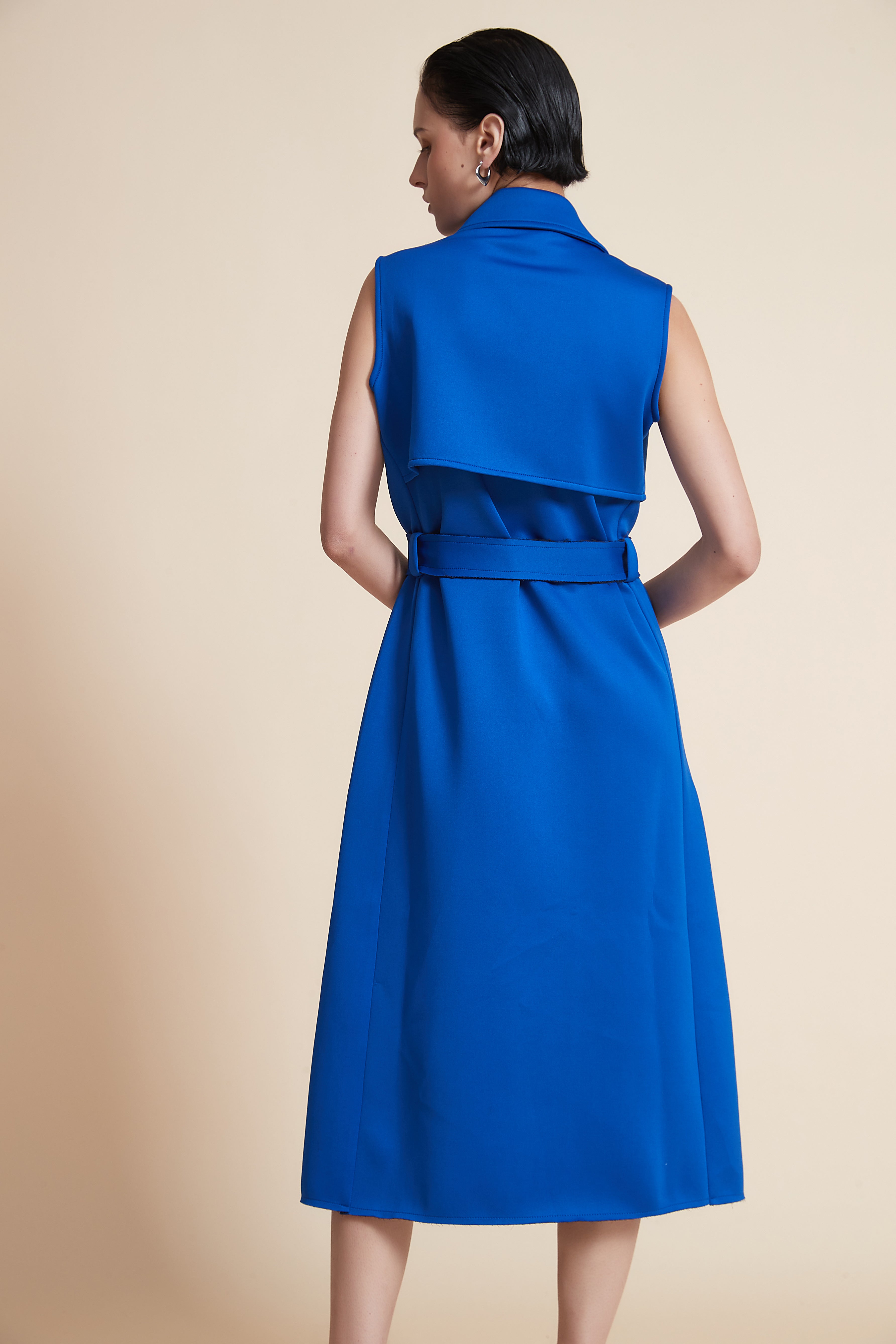 Yola Sleeveless Midi Dress with High Waist Belt and Front Buttons