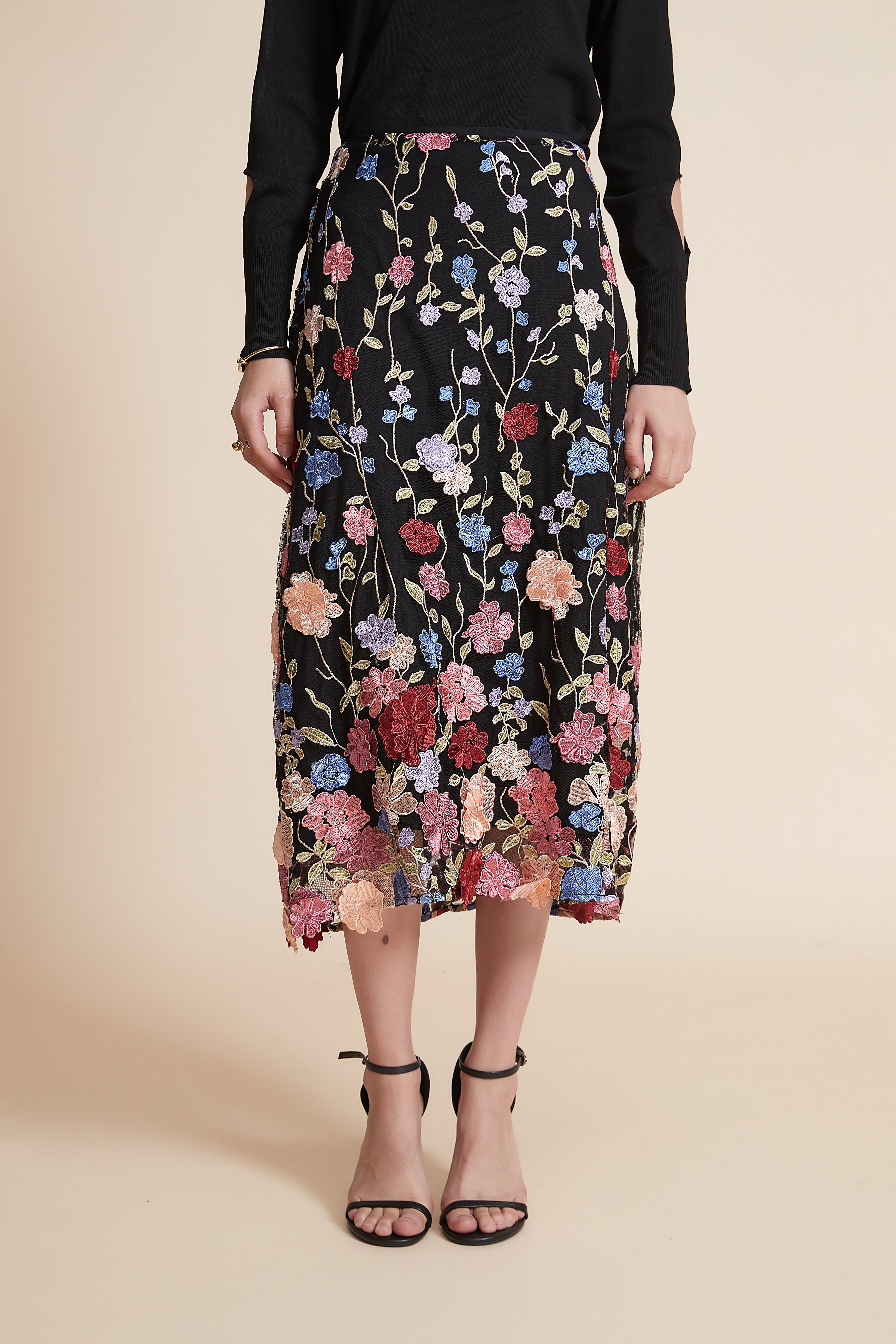 Yola Lace-Detail Floral Midi Skirt