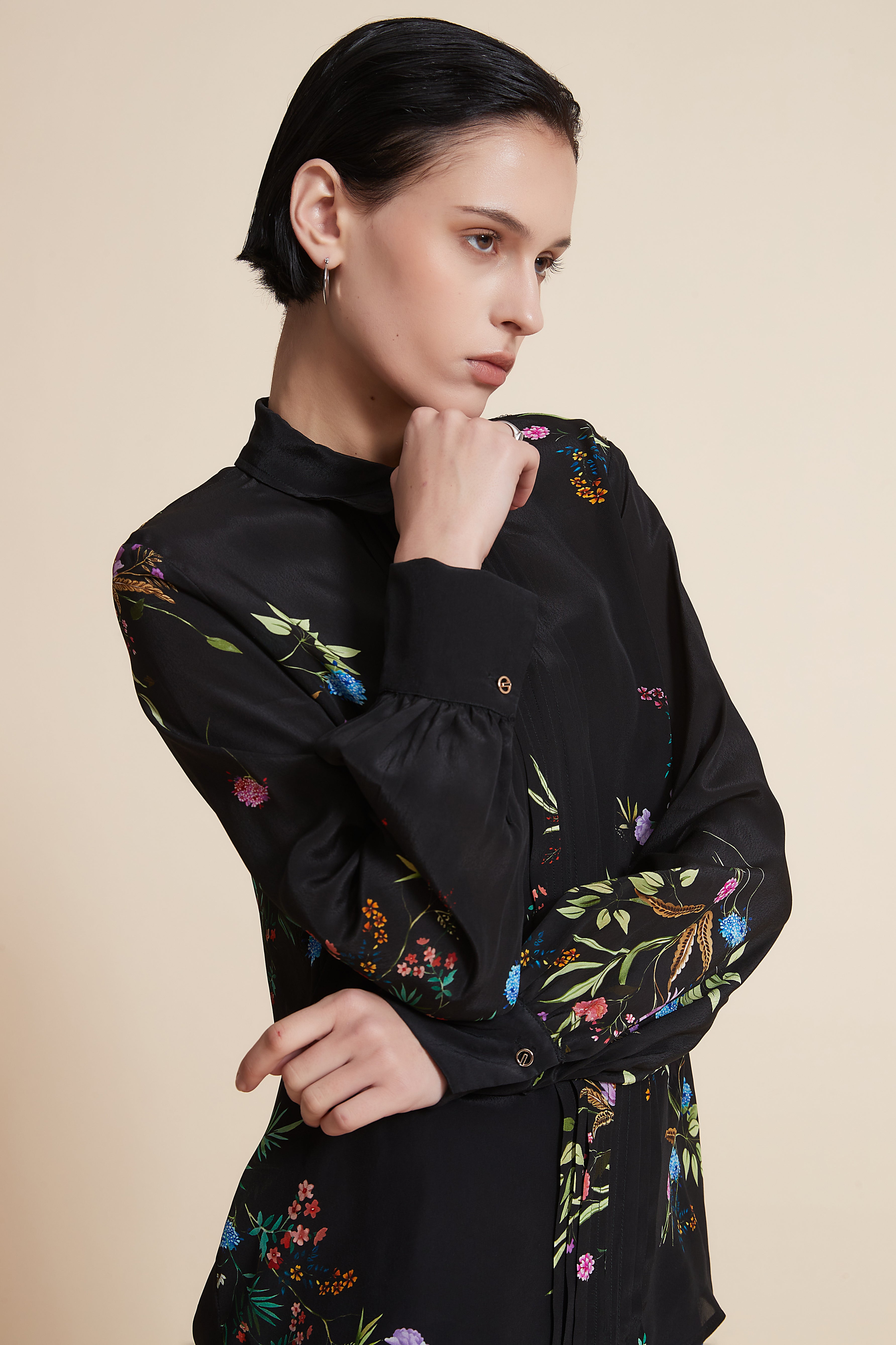 Yola Shirt Collar Long Sleeve Blouse with Floral Print