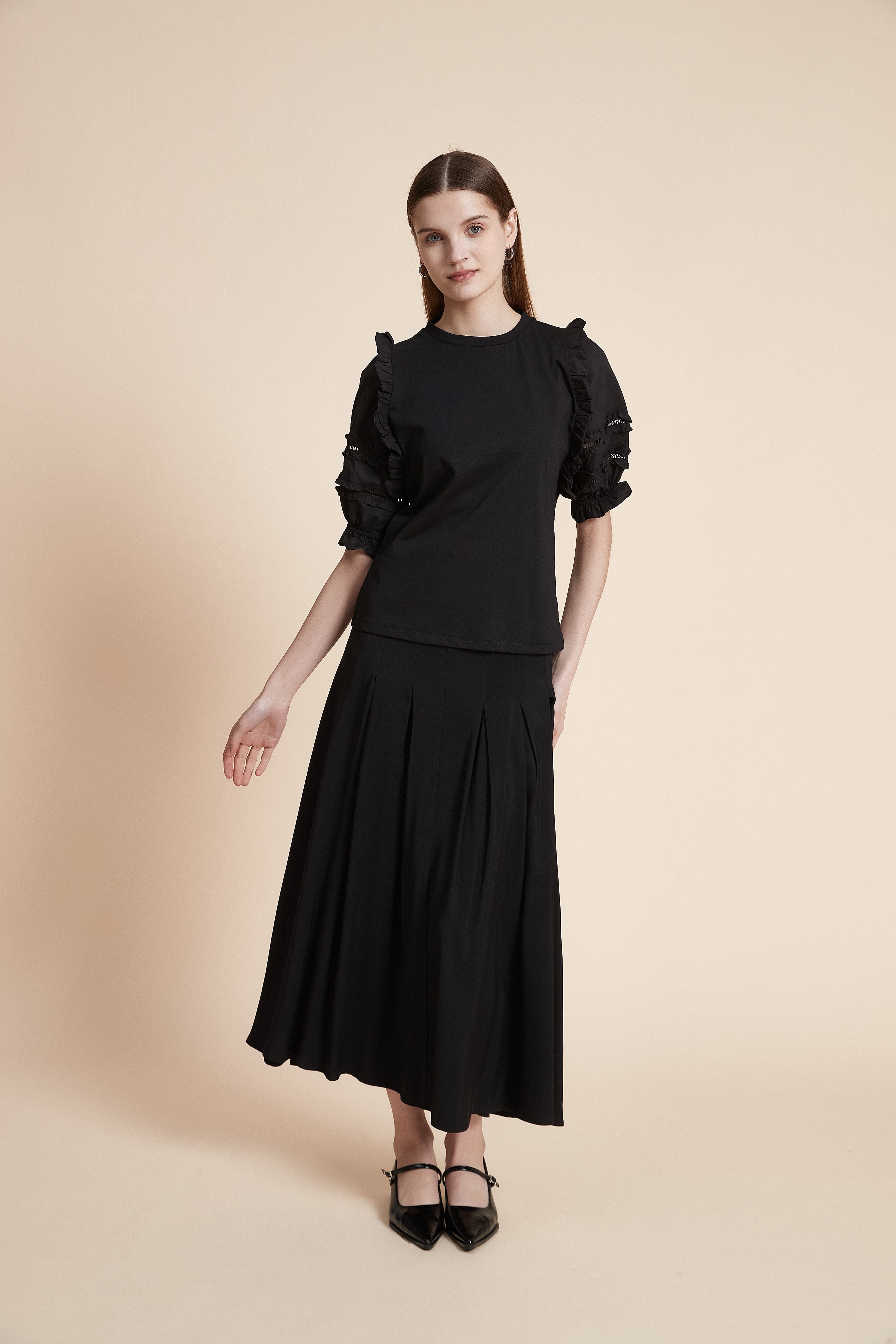 Pleated Solid Long Skirt