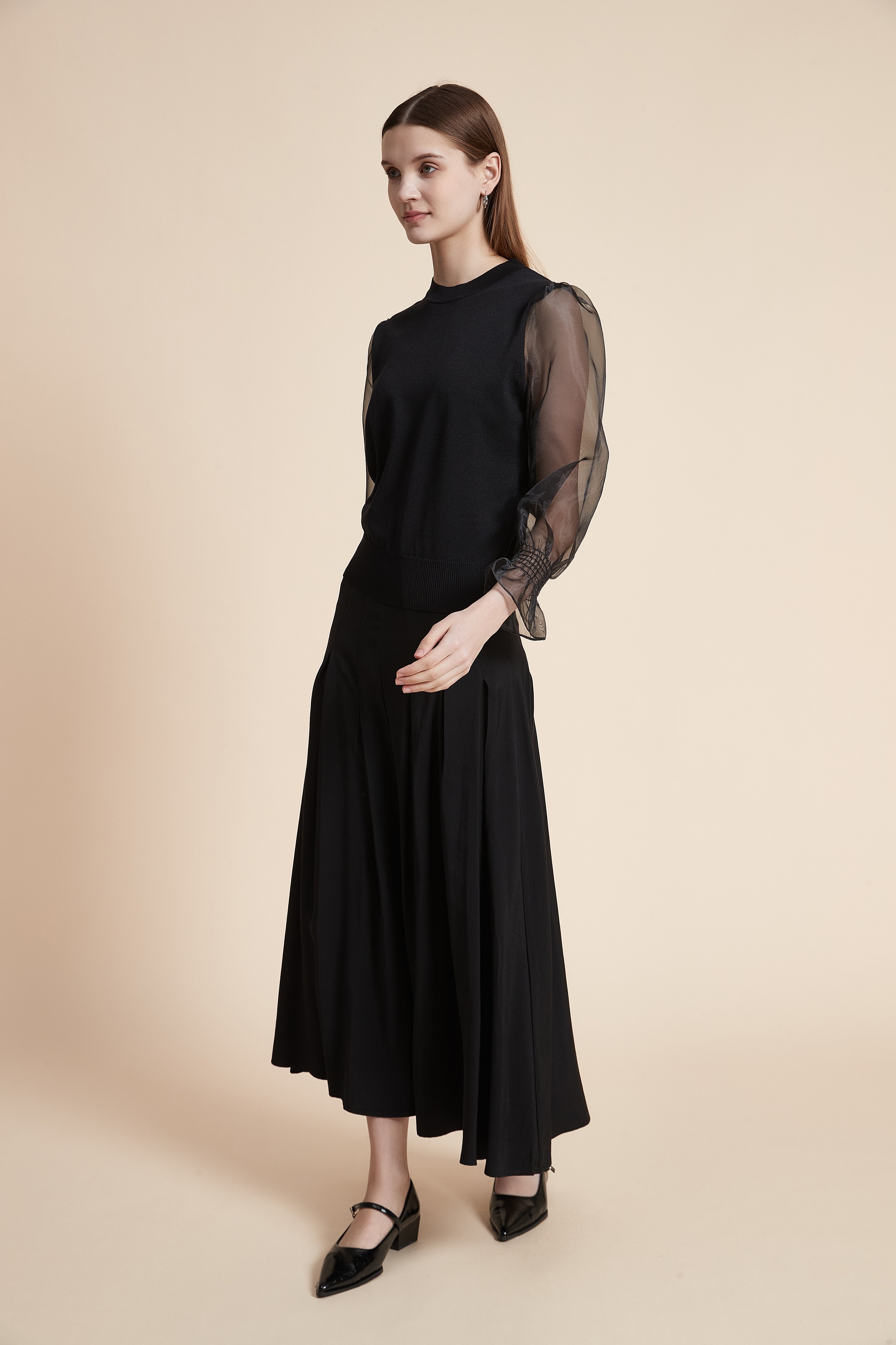 Solid Long Sleeve Sheer Blouse