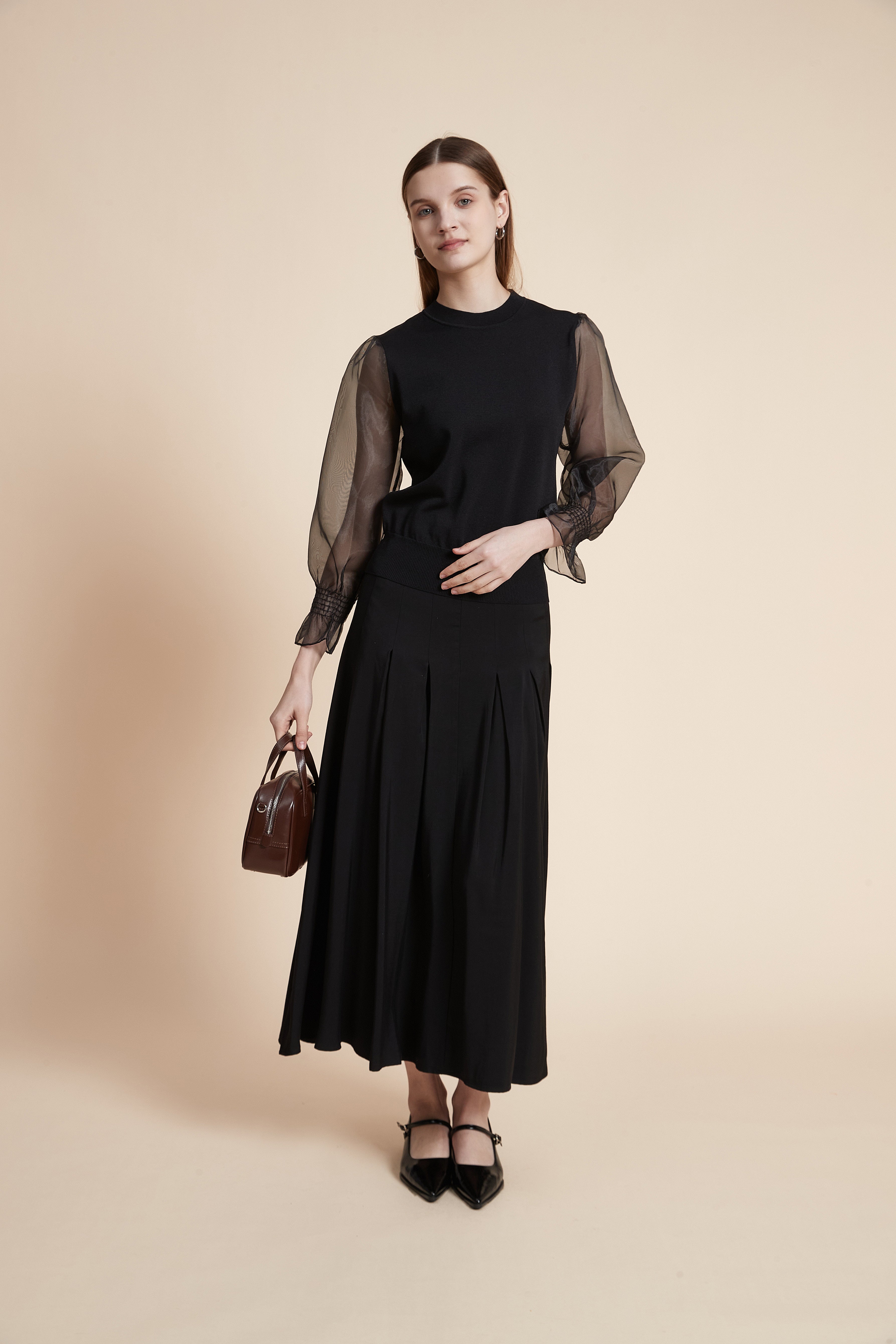 Solid Long Sleeve Sheer Blouse