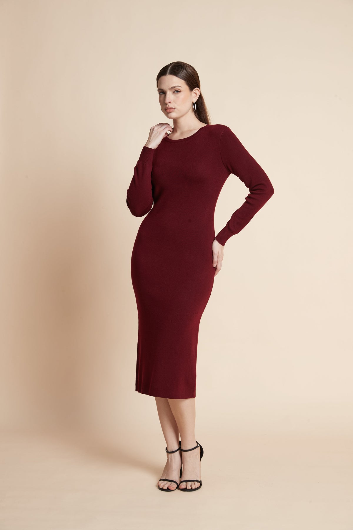 Plain Long Sleeve Knee-Length Dress