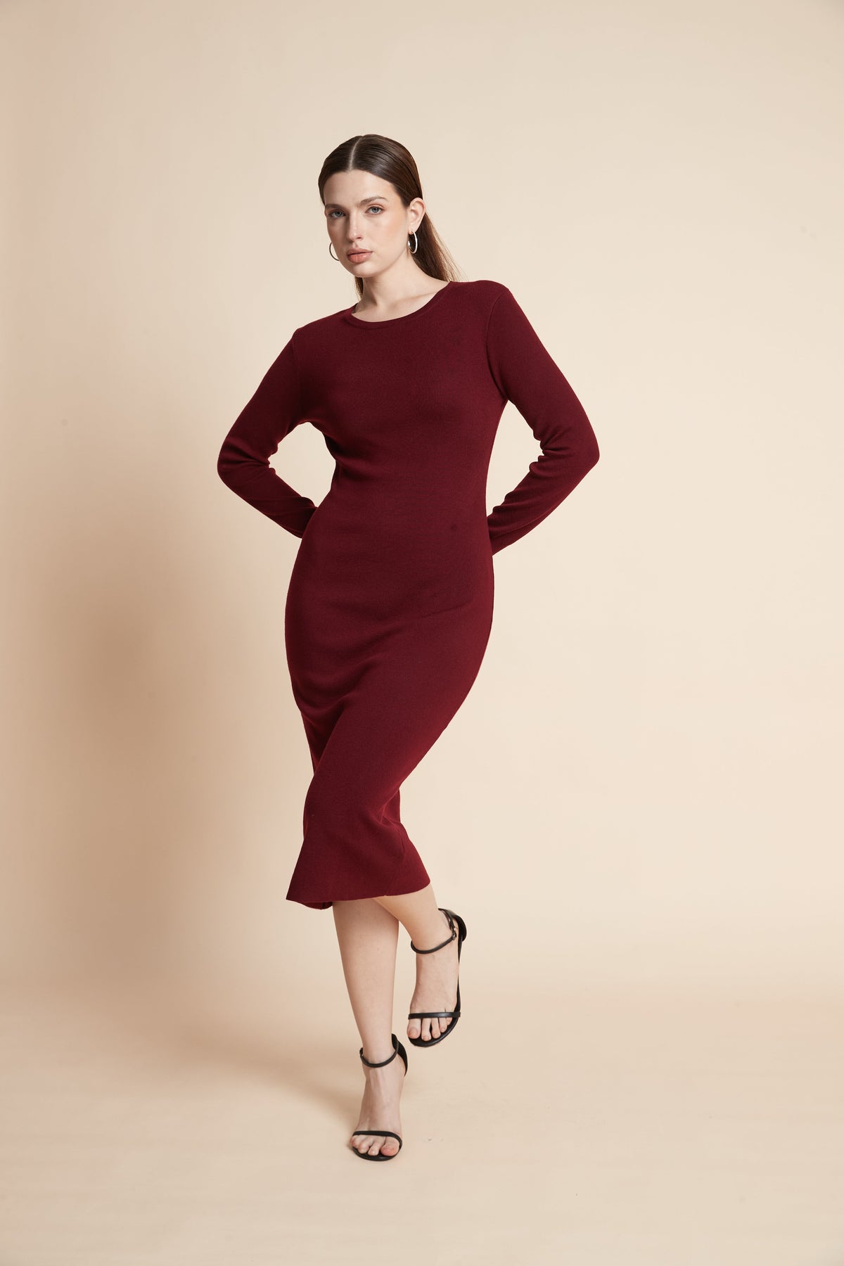 Plain Long Sleeve Knee-Length Dress