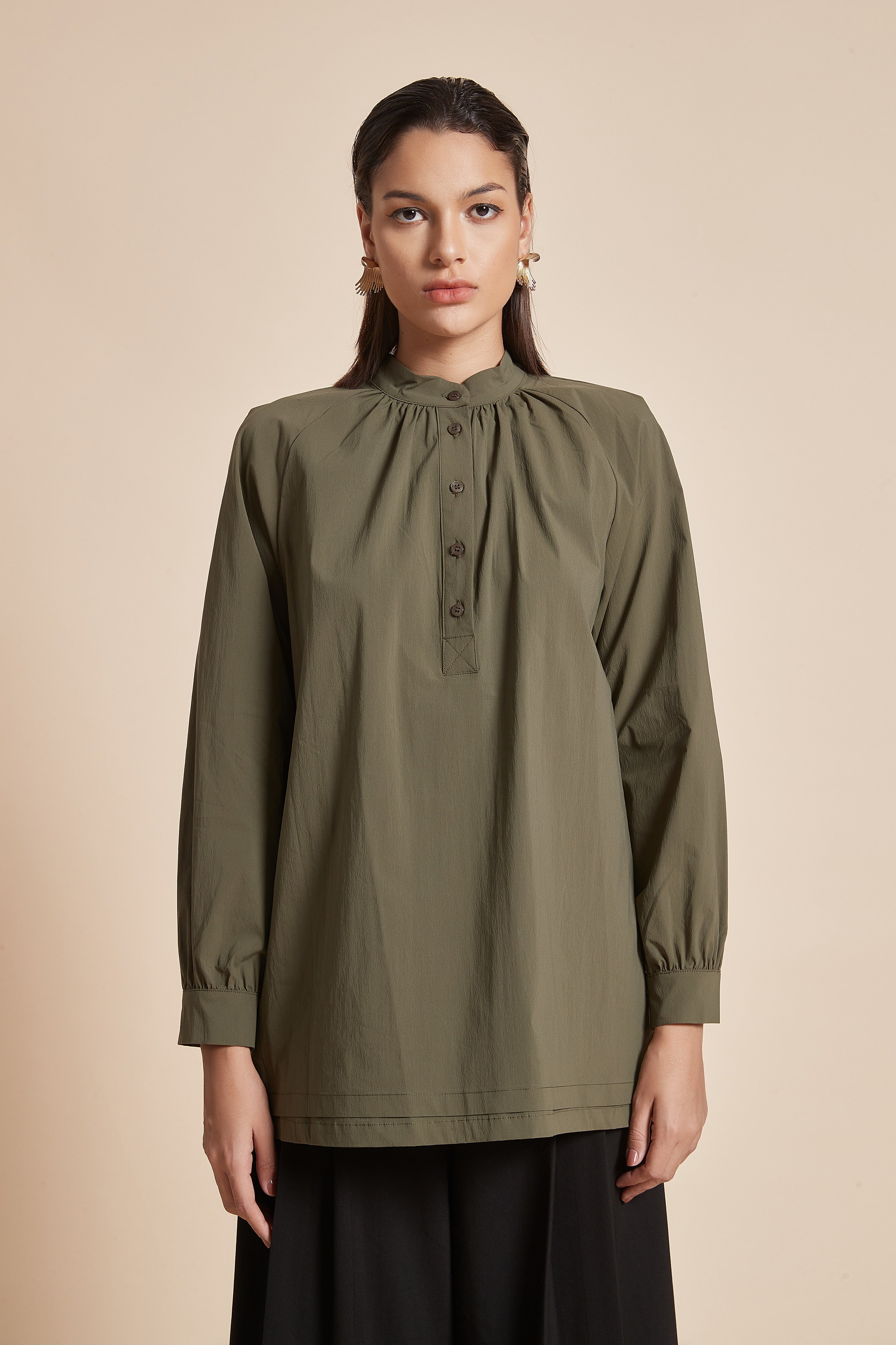 Yola Long Blouse with Long Sleeves and Front Buttons