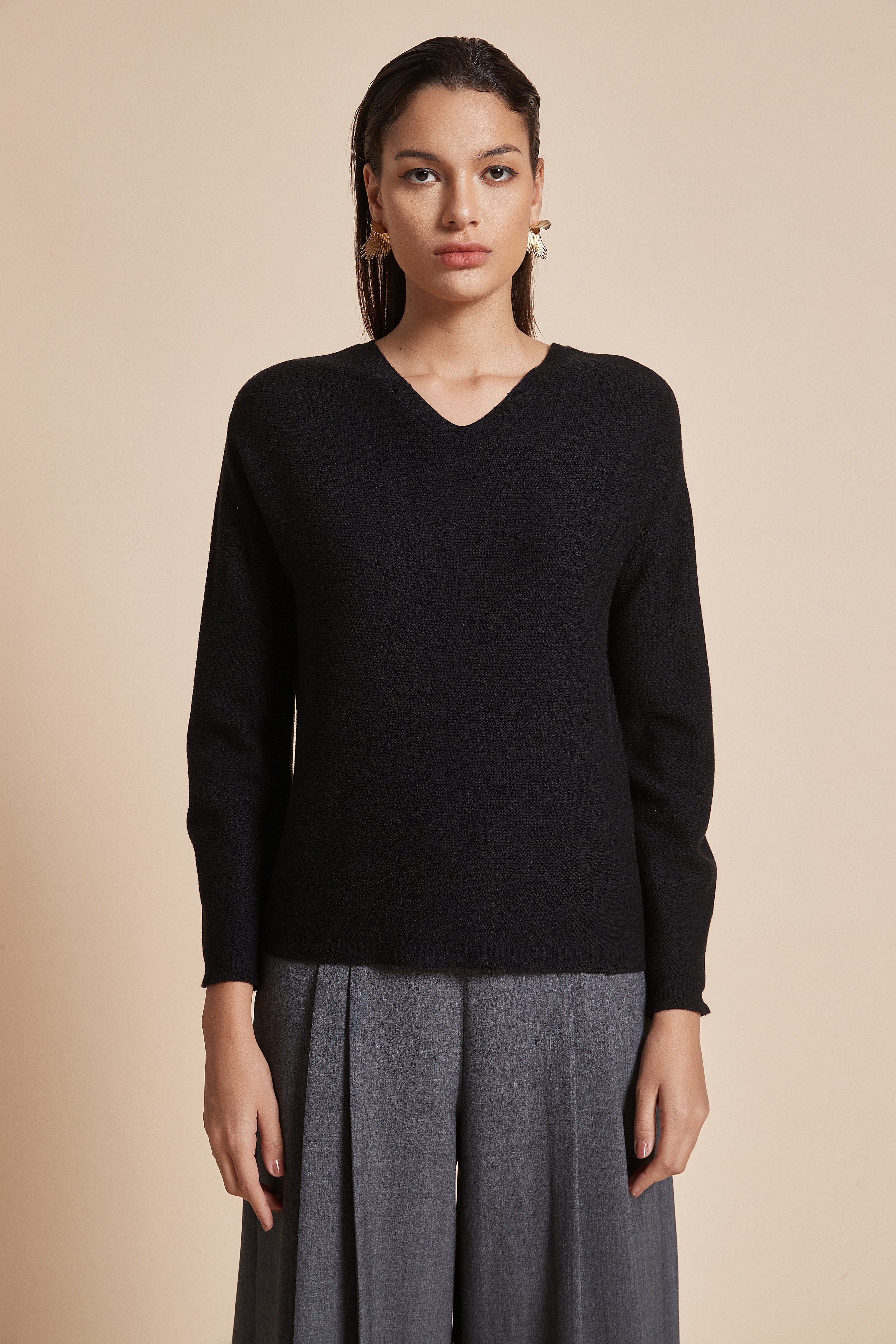 Fitted Plain Blouse With Long Sleeves