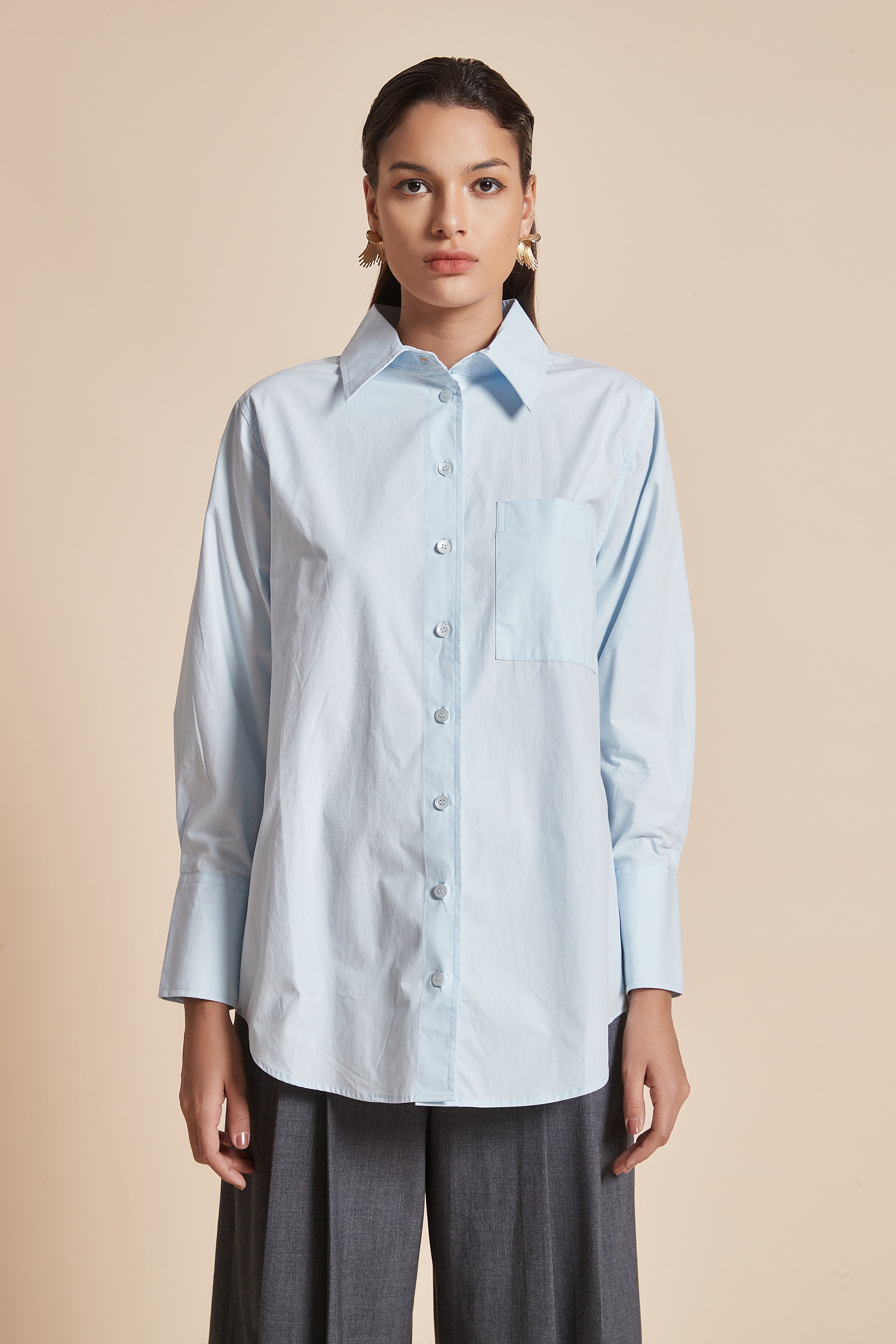 Yola Plain Hip-Length Women's Blouse with Long Sleeves, Shirt Collar, and Front Buttons