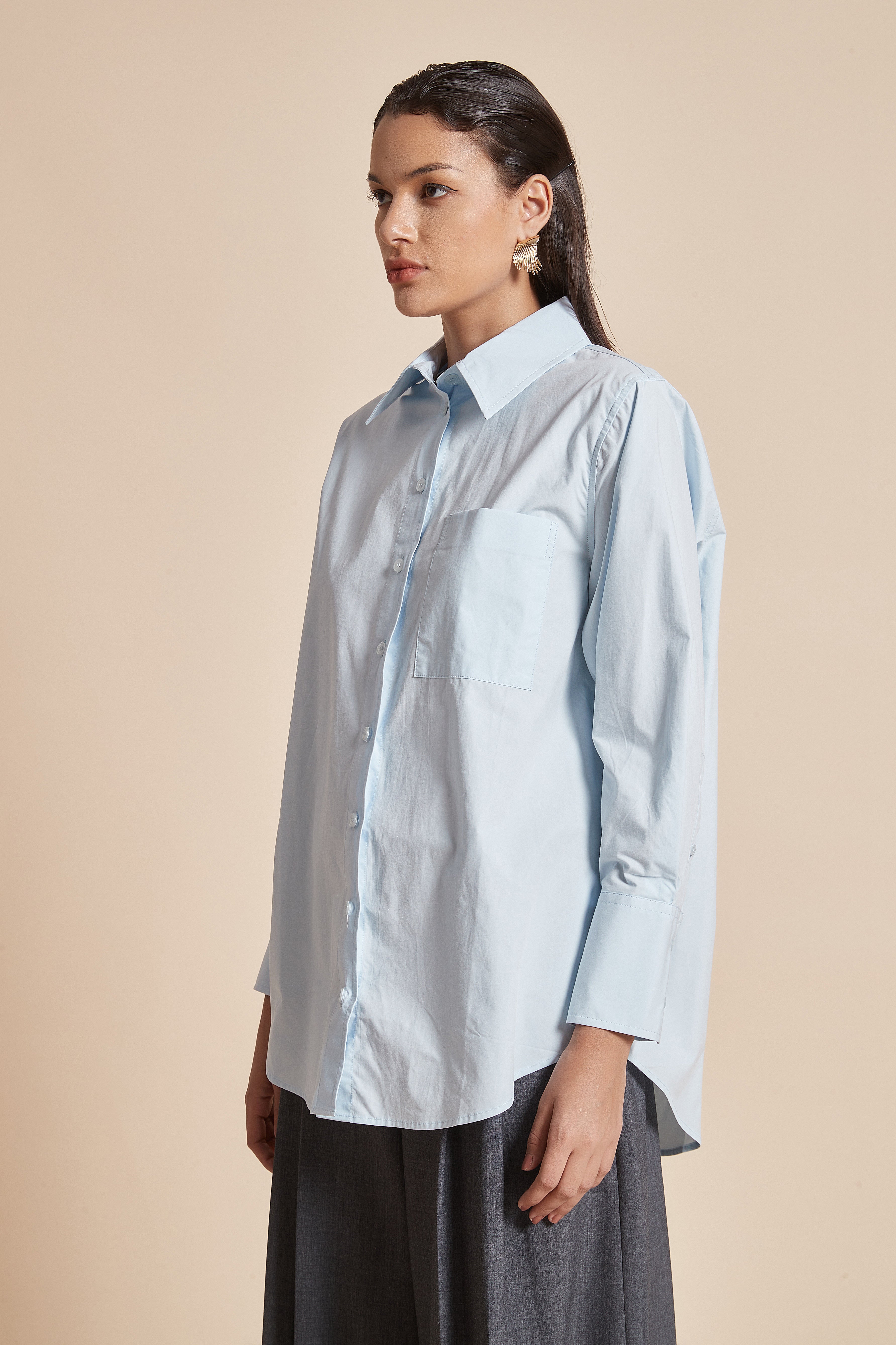 Yola Plain Hip-Length Women's Blouse with Long Sleeves, Shirt Collar, and Front Buttons