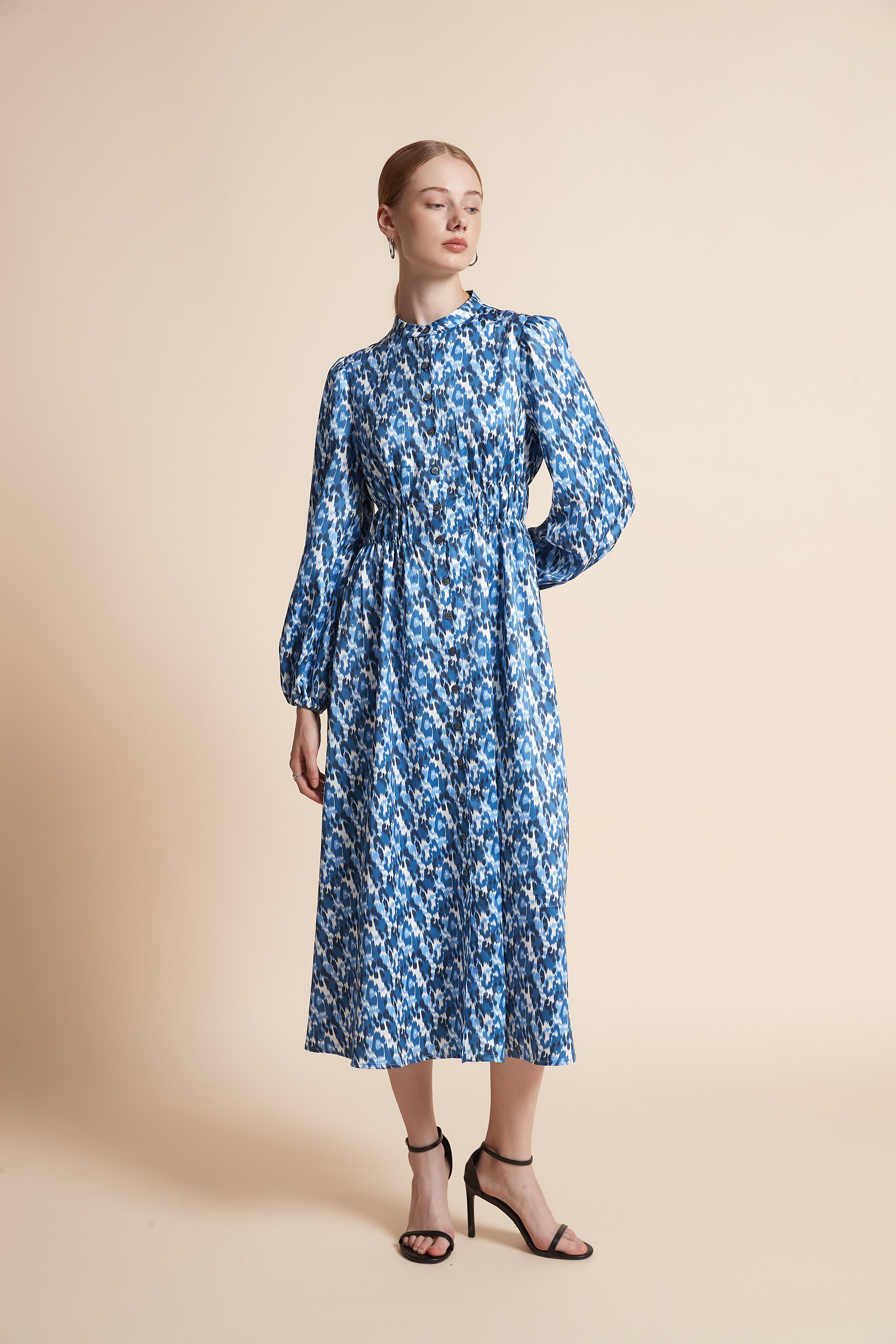 Patterned Long-Sleeved Midi Dress With Front Buttons