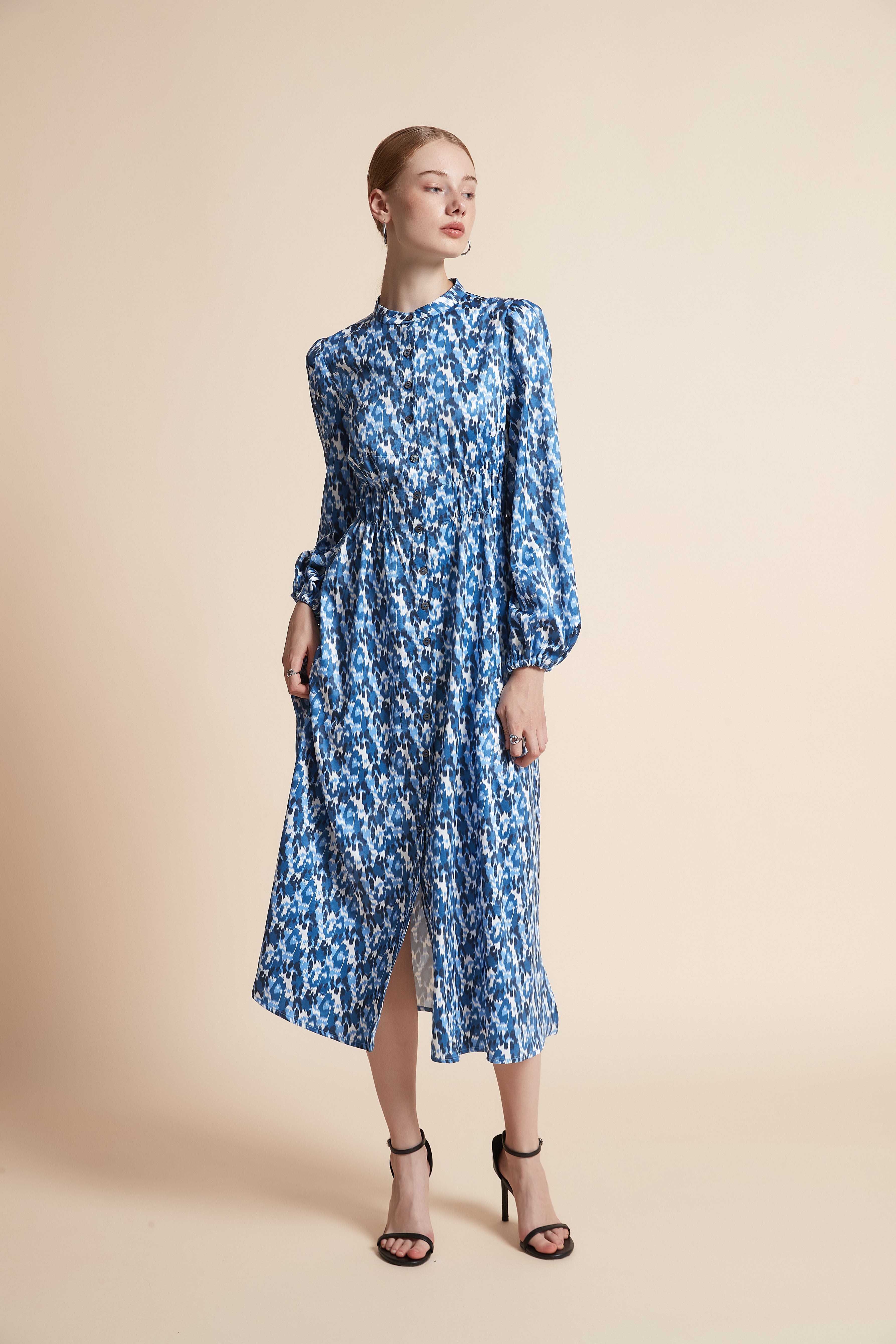 Patterned Long-Sleeved Midi Dress With Front Buttons