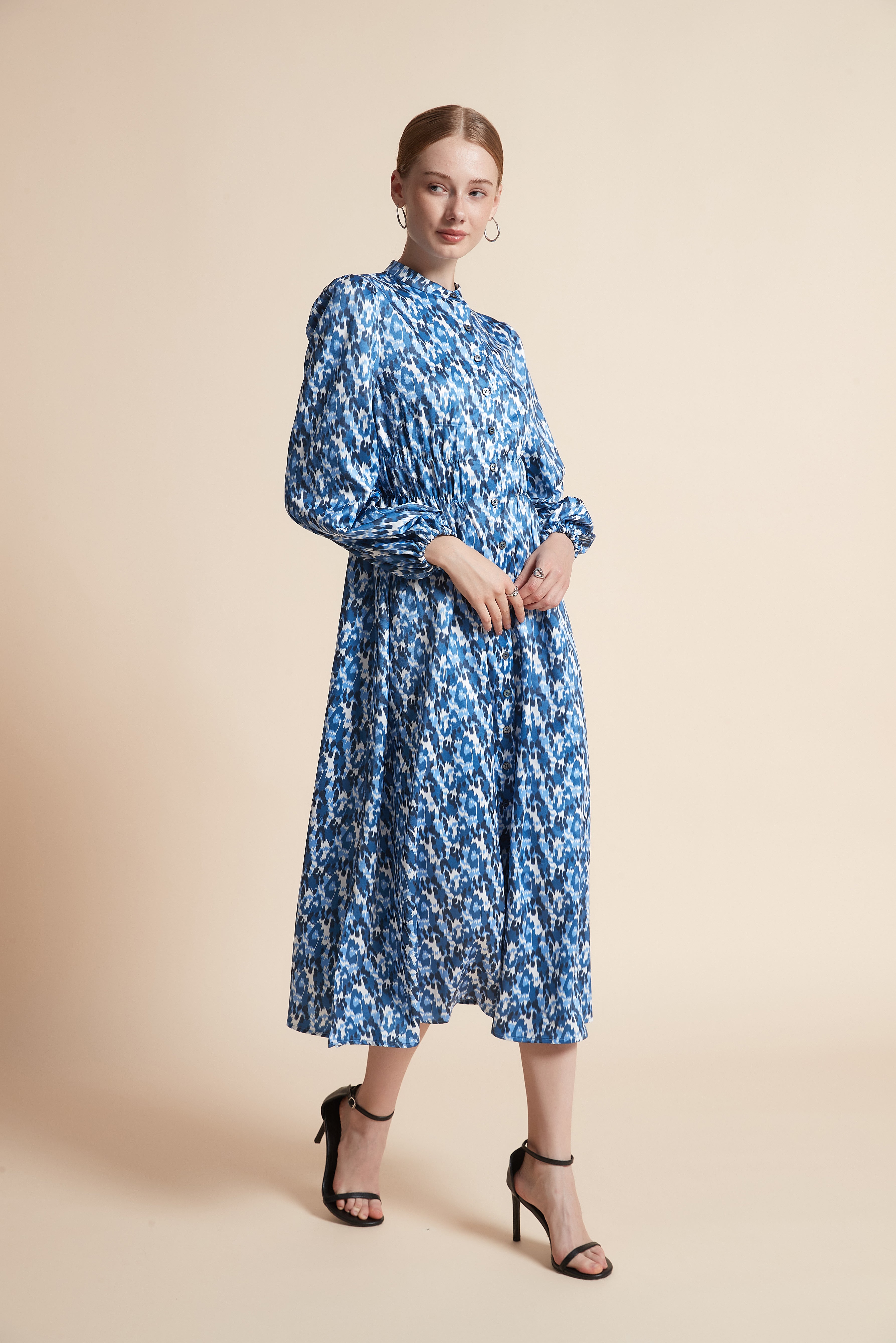 Patterned Long-Sleeved Midi Dress With Front Buttons