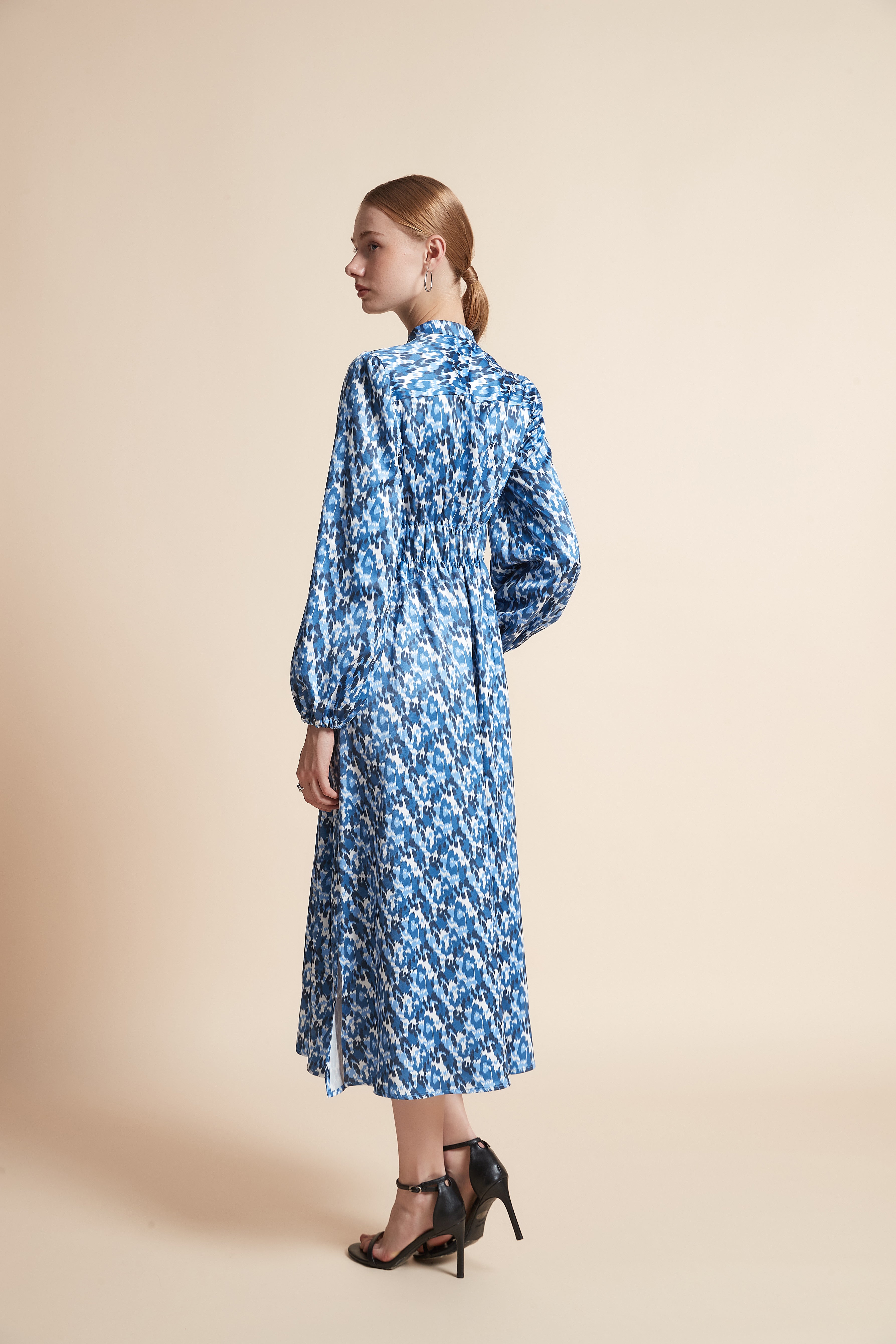 Patterned Long-Sleeved Midi Dress With Front Buttons